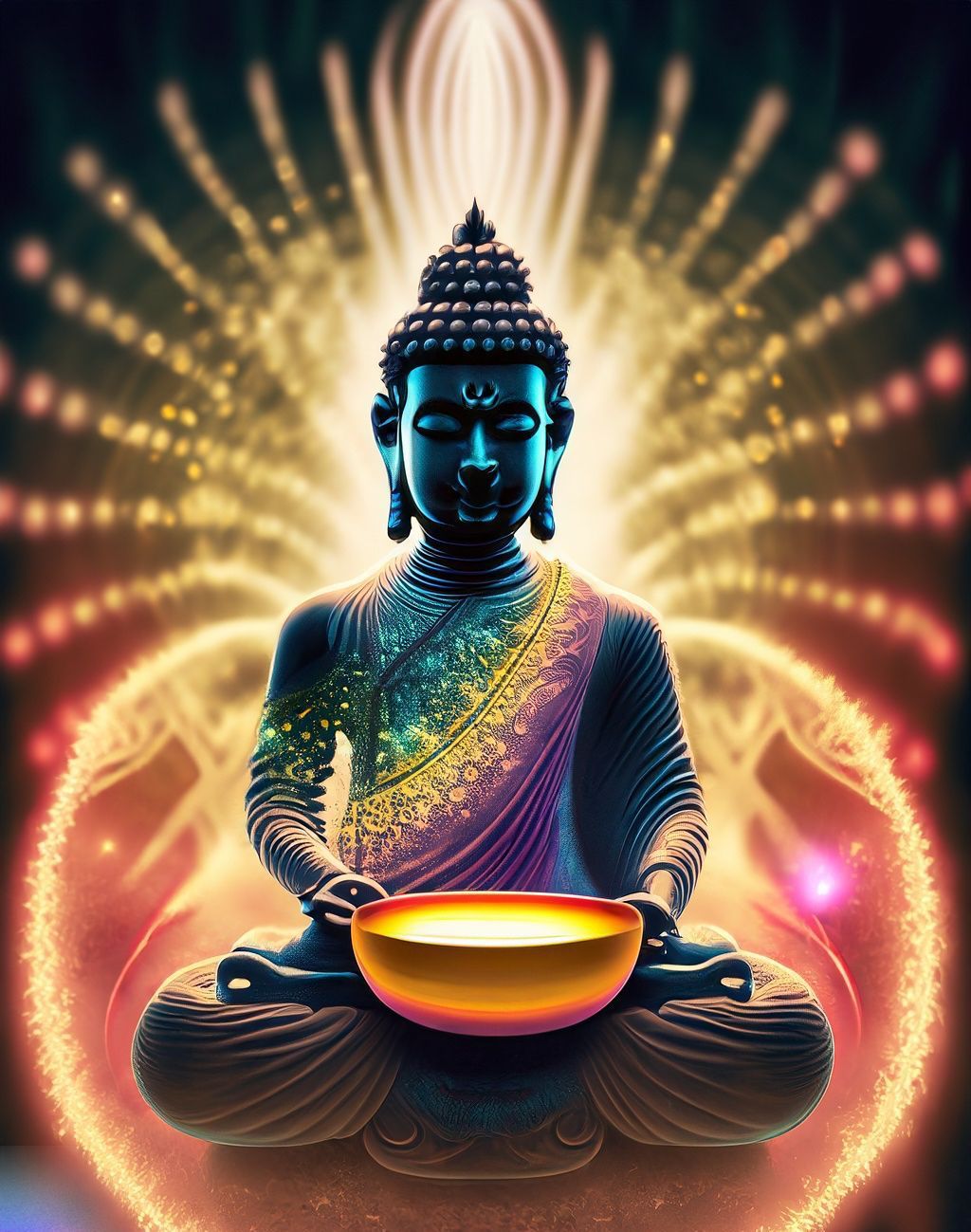 AI-generated image of Buddha in silent meditation, surrounded by radiant light and peaceful energy in a sacred atmosphere.
