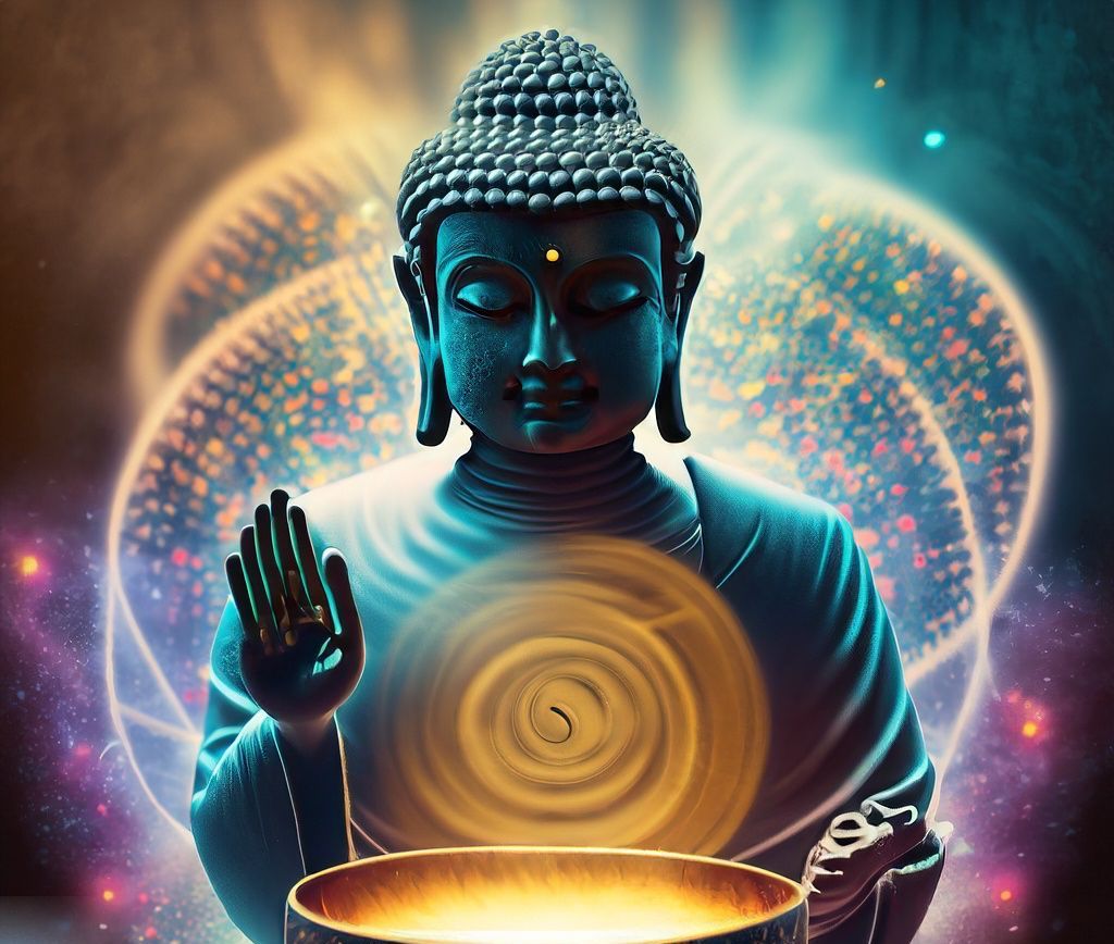 AI-generated image of Buddha in silent meditation, surrounded by radiant light and peaceful energy in a sacred atmosphere.
