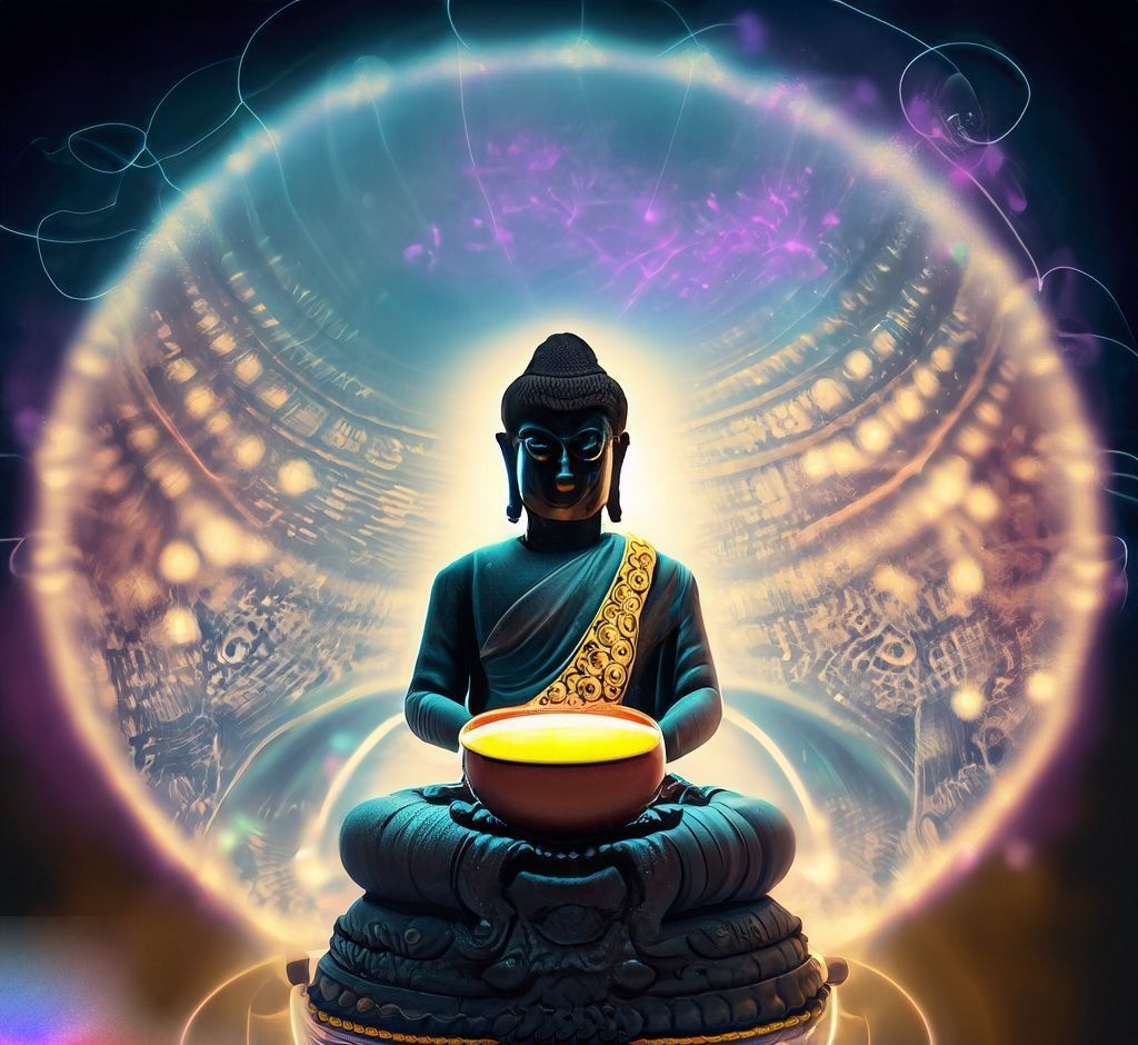 AI-generated image of Buddha holding a Tibetan singing bowl, radiating peace and vibrational harmony through sound.