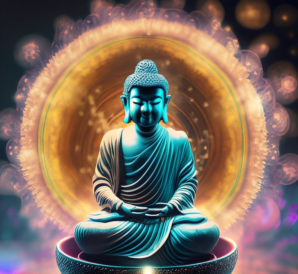 AI-generated image of Buddha in silent meditation, surrounded by radiant light and peaceful energy in a sacred atmosphere.