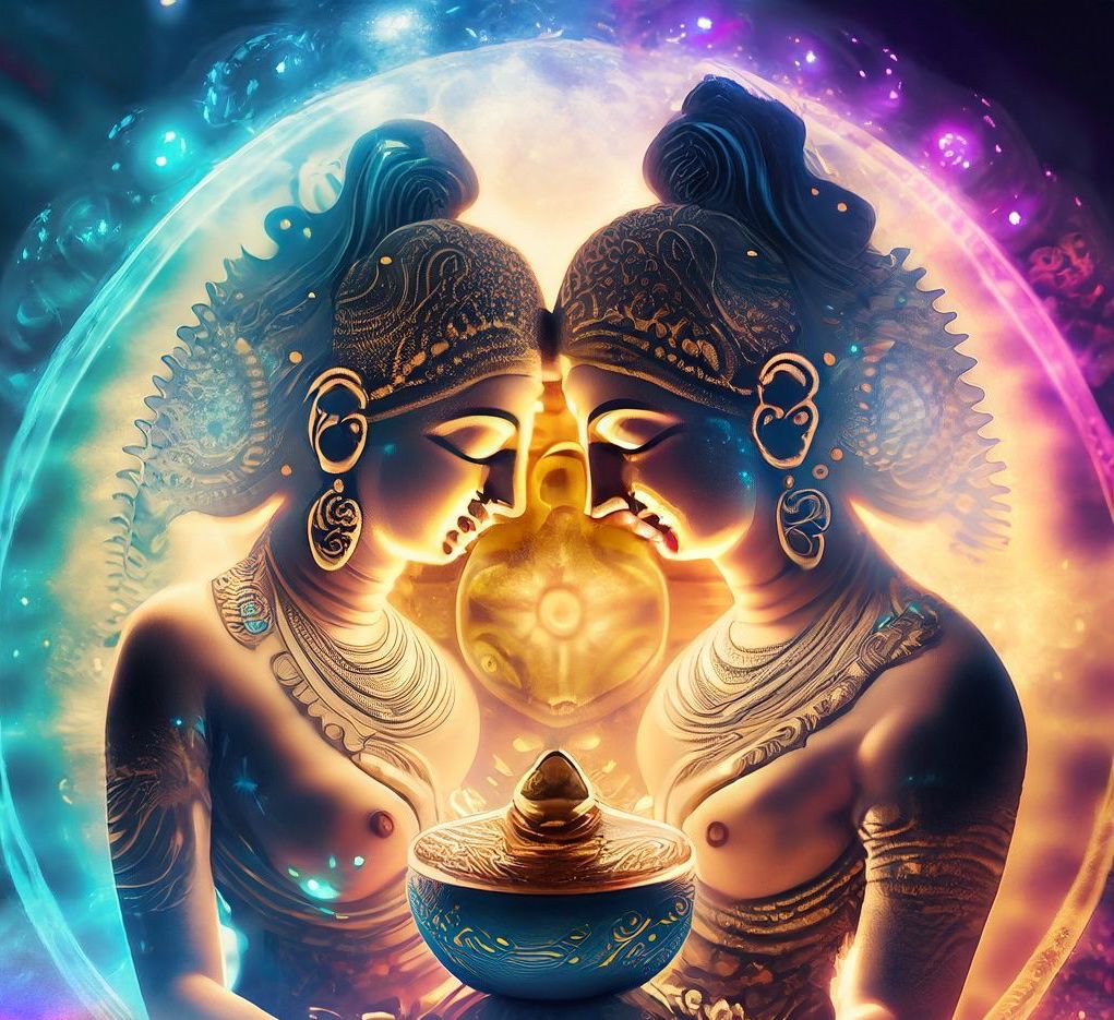 AI-generated image of Shiva with a Tibetan 7 metal hand-made singing bowl made in Nepal, radiating calm and sacred energy.