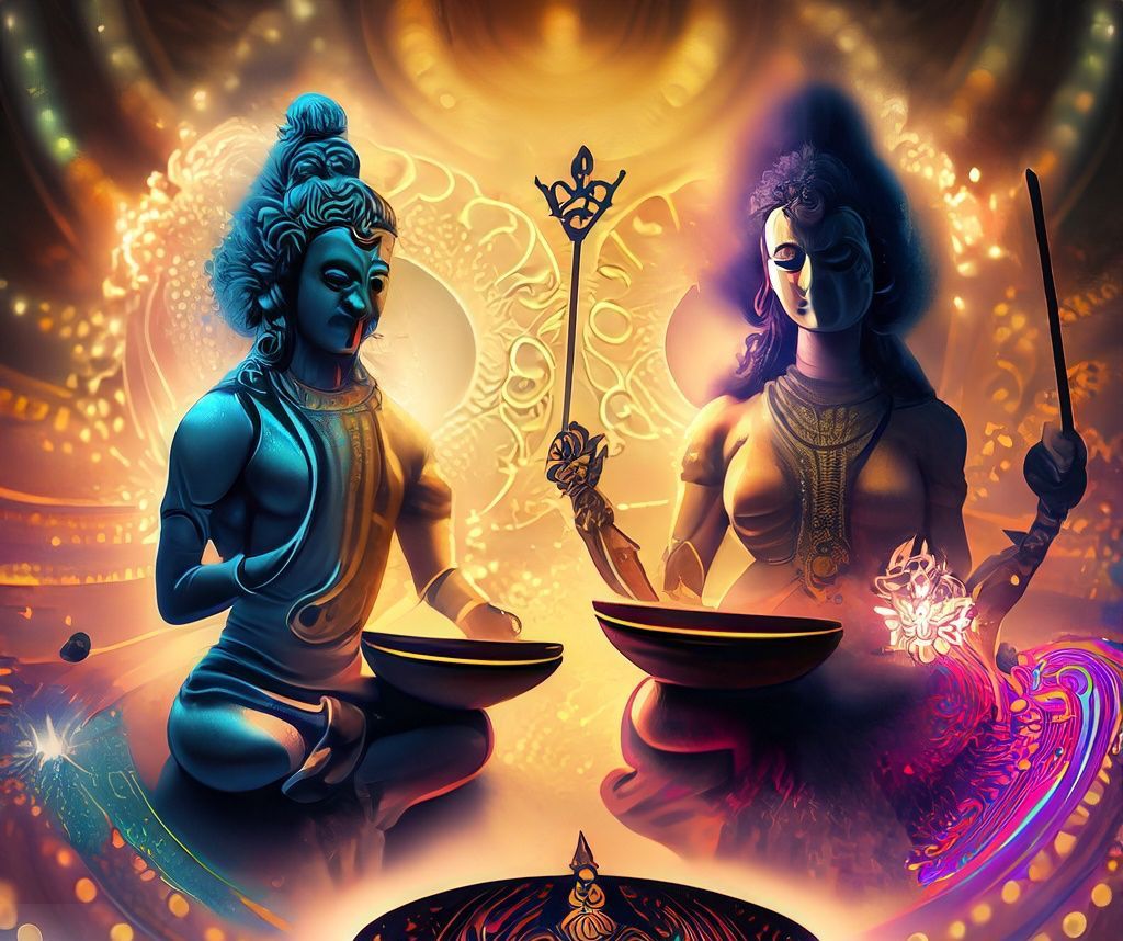 AI-generated image of Shiva and Shakti with a Tibetan 7 metal hand-made singing bowl made in Nepal, radiating divine union.