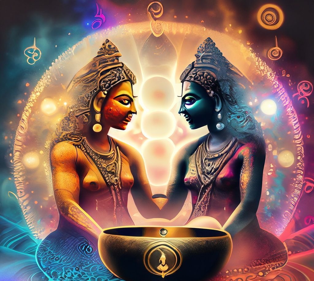 AI-generated image of Shiva and Shakti with a Tibetan 7 metal hand-made singing bowl made in Nepal, radiating divine union.