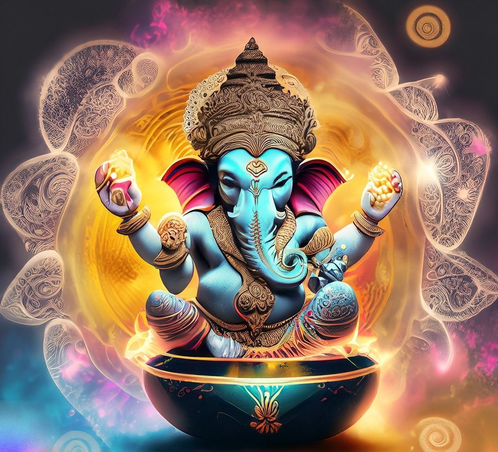 AI-generated image of Lord Ganesh with a Tibetan 7 metal hand-made singing bowl made in Nepal, radiating joyful energy.