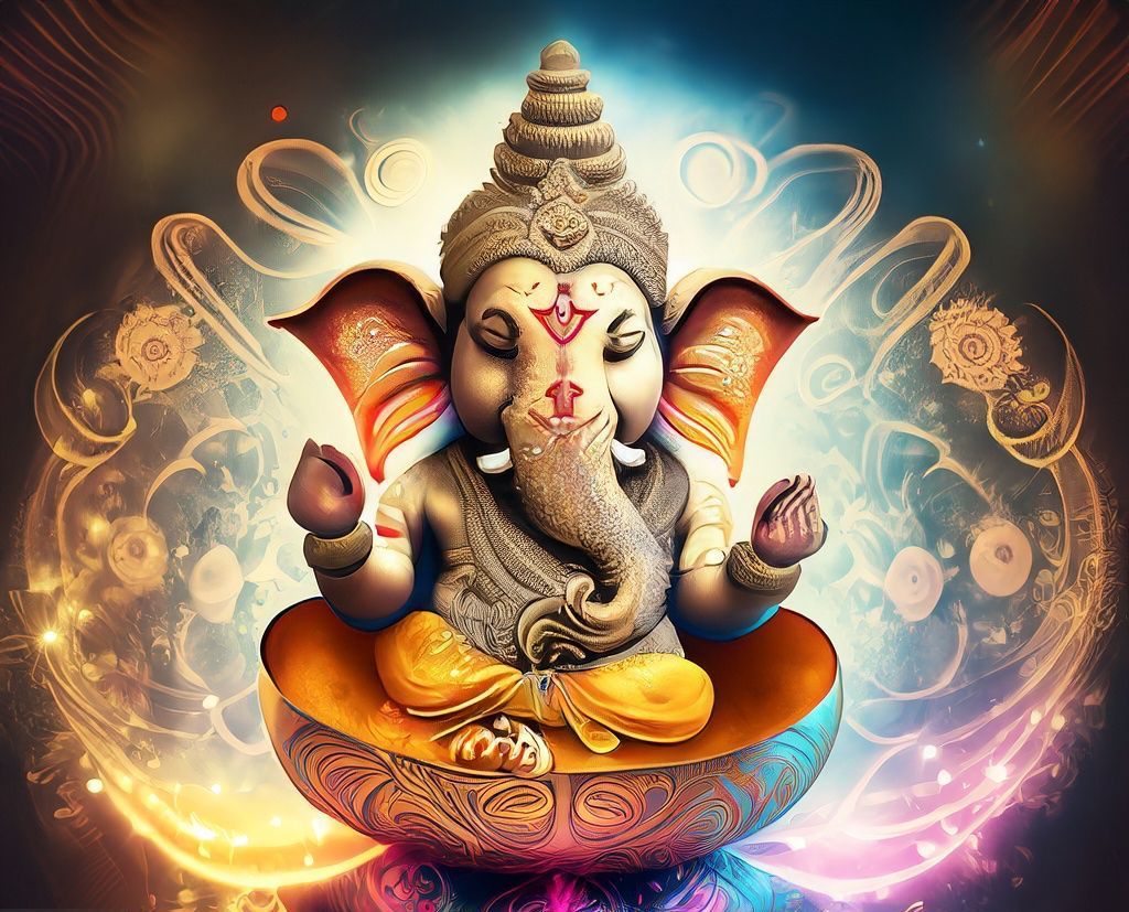 AI-generated image of Lord Ganesh with a Tibetan 7 metal hand-made singing bowl made in Nepal, radiating joyful energy.