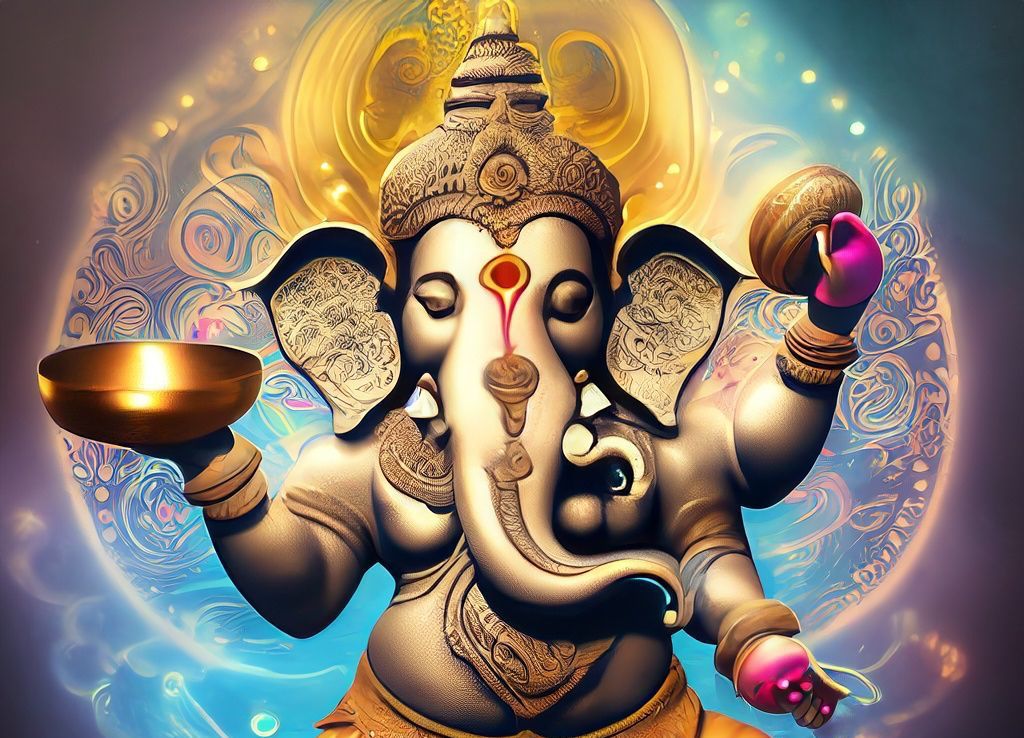 AI-generated image of Lord Ganesh with a Tibetan 7 metal hand-made singing bowl made in Nepal, radiating joyful energy.