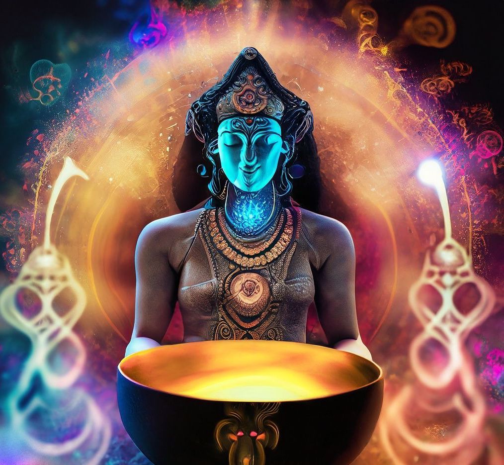 Divine feminine figure in meditation holding singing bowls, with chakra colors and radiant energy in a sacred setting.