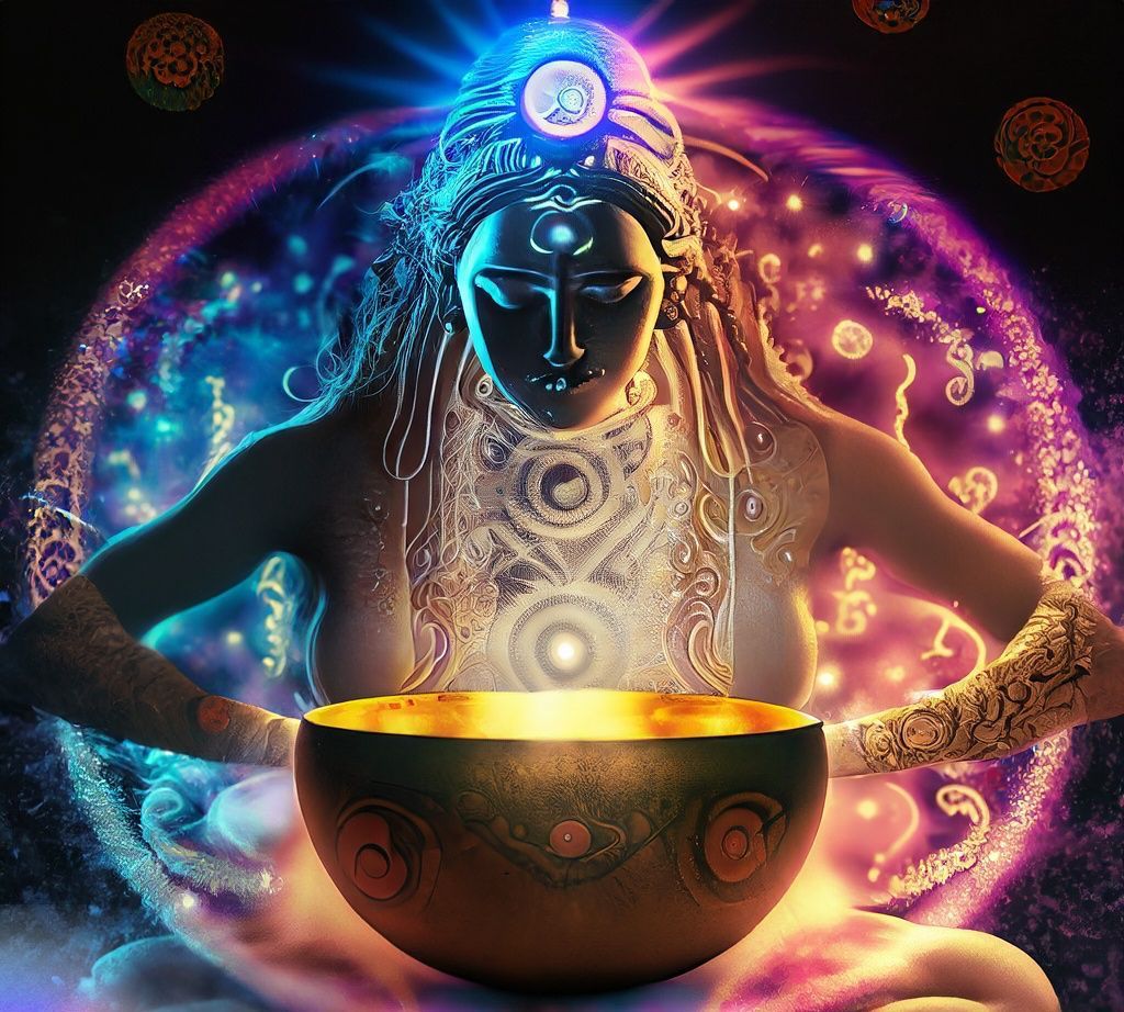 Divine feminine figure in meditation holding singing bowls, with chakra colors and radiant energy in a sacred setting.