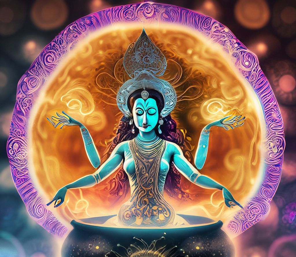 AI-generated image of a tantric goddess with a Tibetan 7 metal hand-made singing bowl made in Nepal, radiating sacred energy.