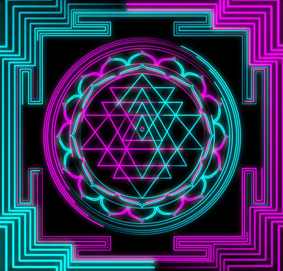 Sacred geometric yantra design used in tantric tradition for focus, balance, and energy alignment during meditation.