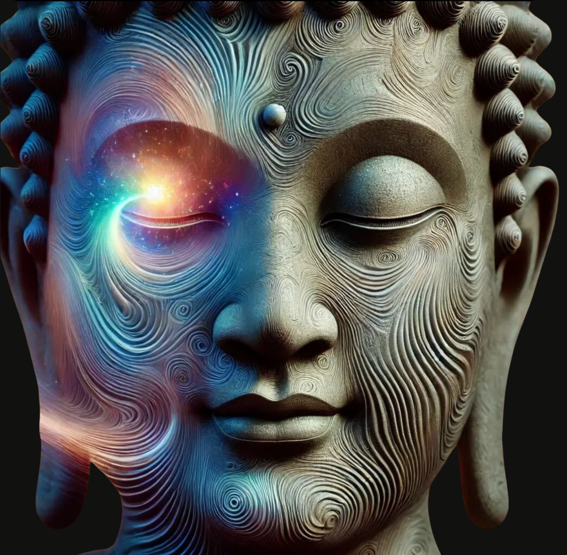 AI-generated image of Buddha in silent meditation, surrounded by radiant light and peaceful energy in a sacred atmosphere.