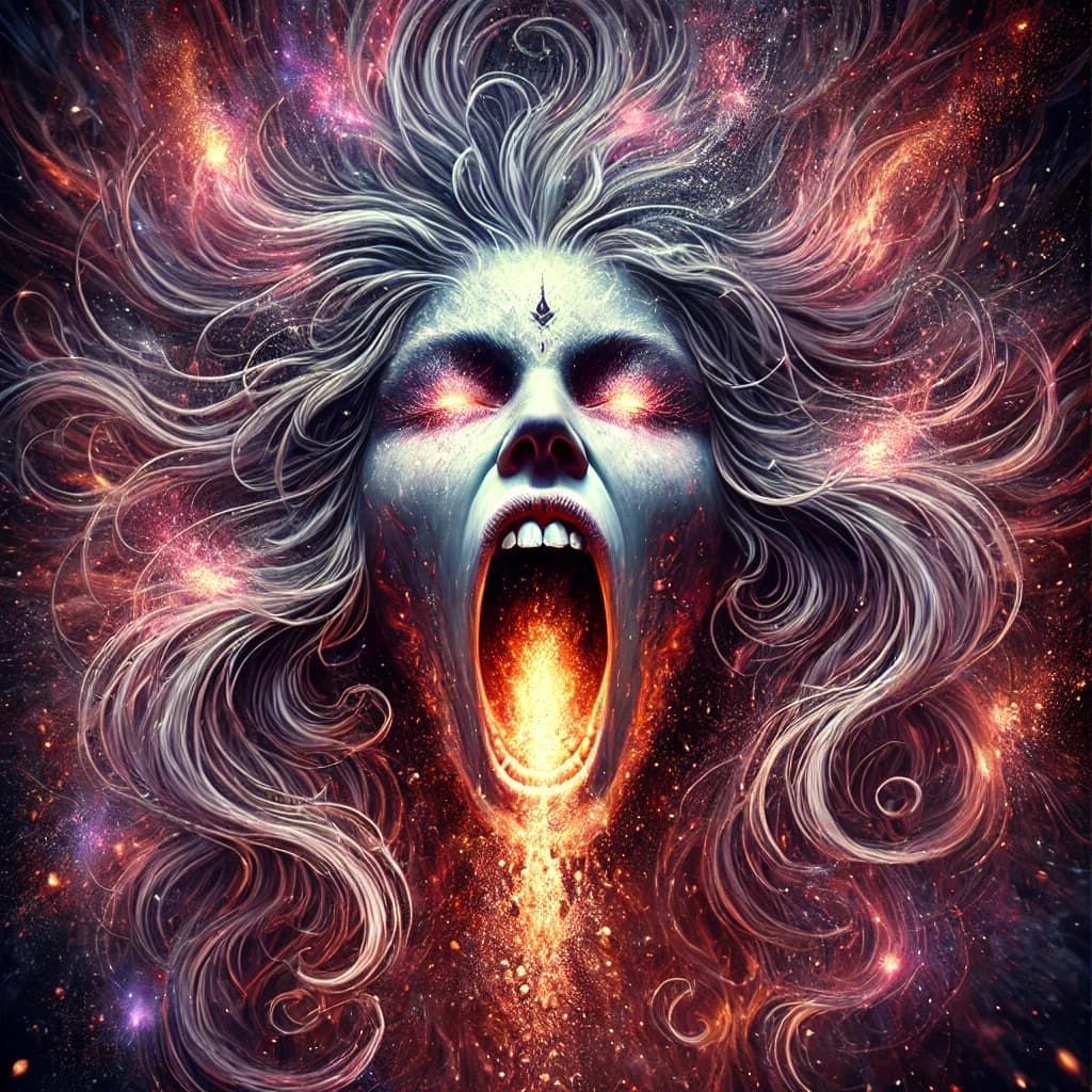 AI-generated image of Goddess Kali in her powerful form, with dark skin, flowing hair, and radiant divine presence.