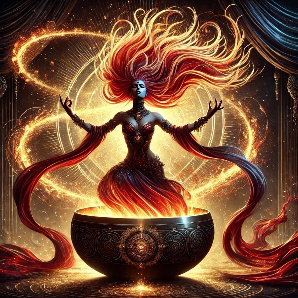 AI-generated image of a tantric goddess with a Tibetan 7 metal hand-made singing bowl made in Nepal, radiating sacred energy.