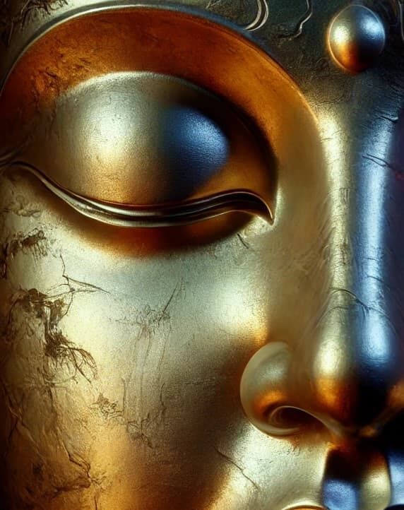 AI-generated image of Buddha in silent meditation, surrounded by radiant light and peaceful energy in a sacred atmosphere.