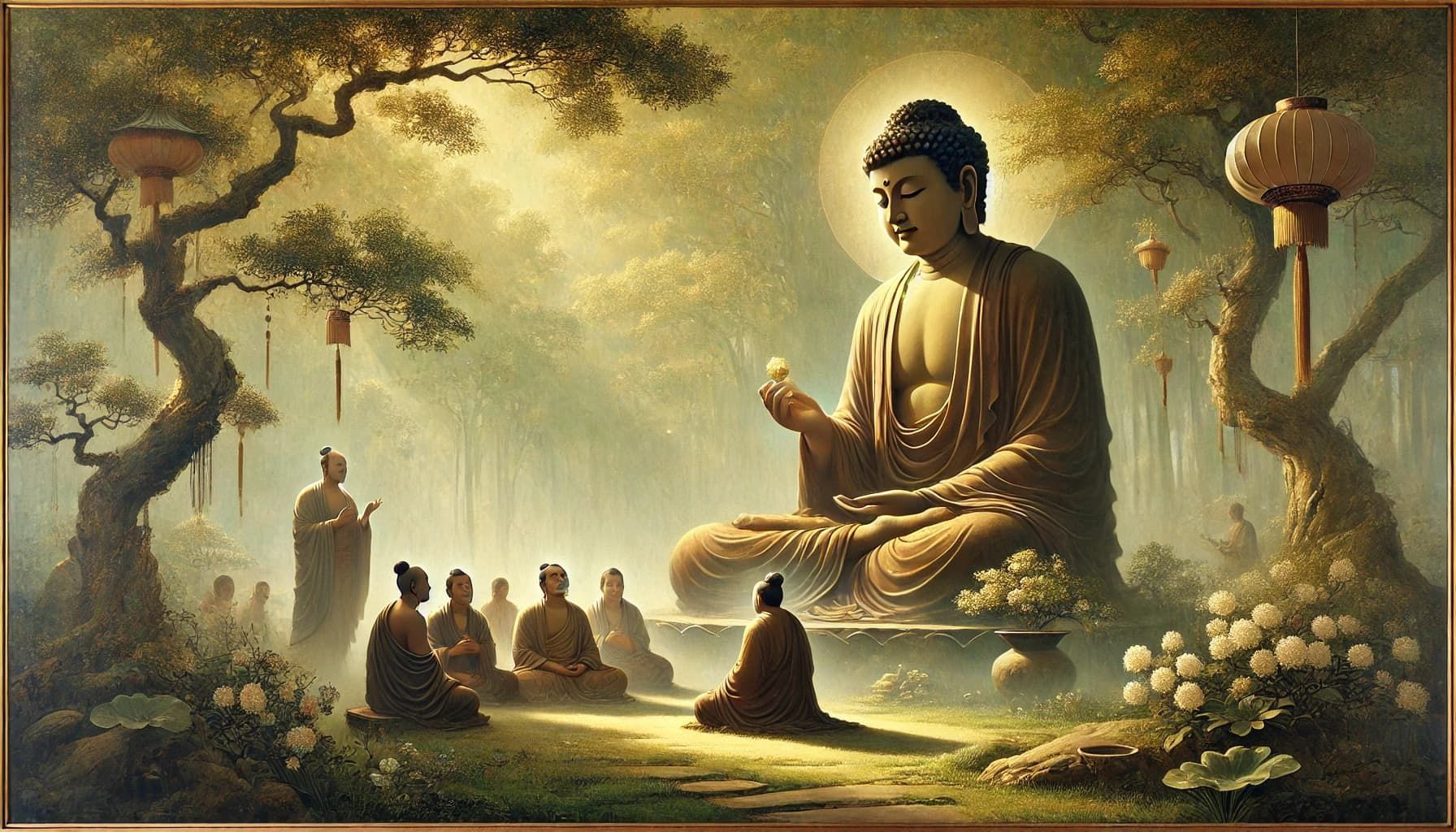 AI-generated image of Buddha in silent meditation, surrounded by radiant light and peaceful energy in a sacred atmosphere.