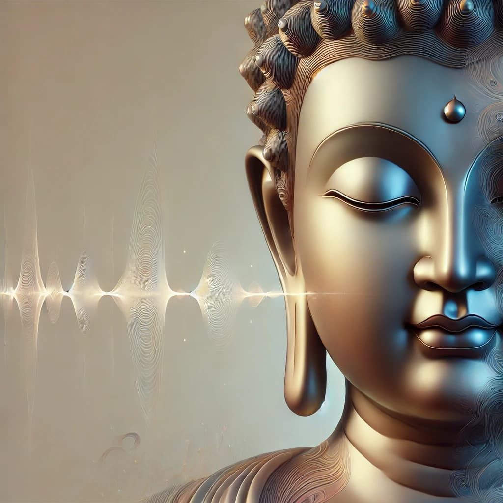 AI-generated image of Buddha in silent meditation, surrounded by radiant light and peaceful energy in a sacred atmosphere.
