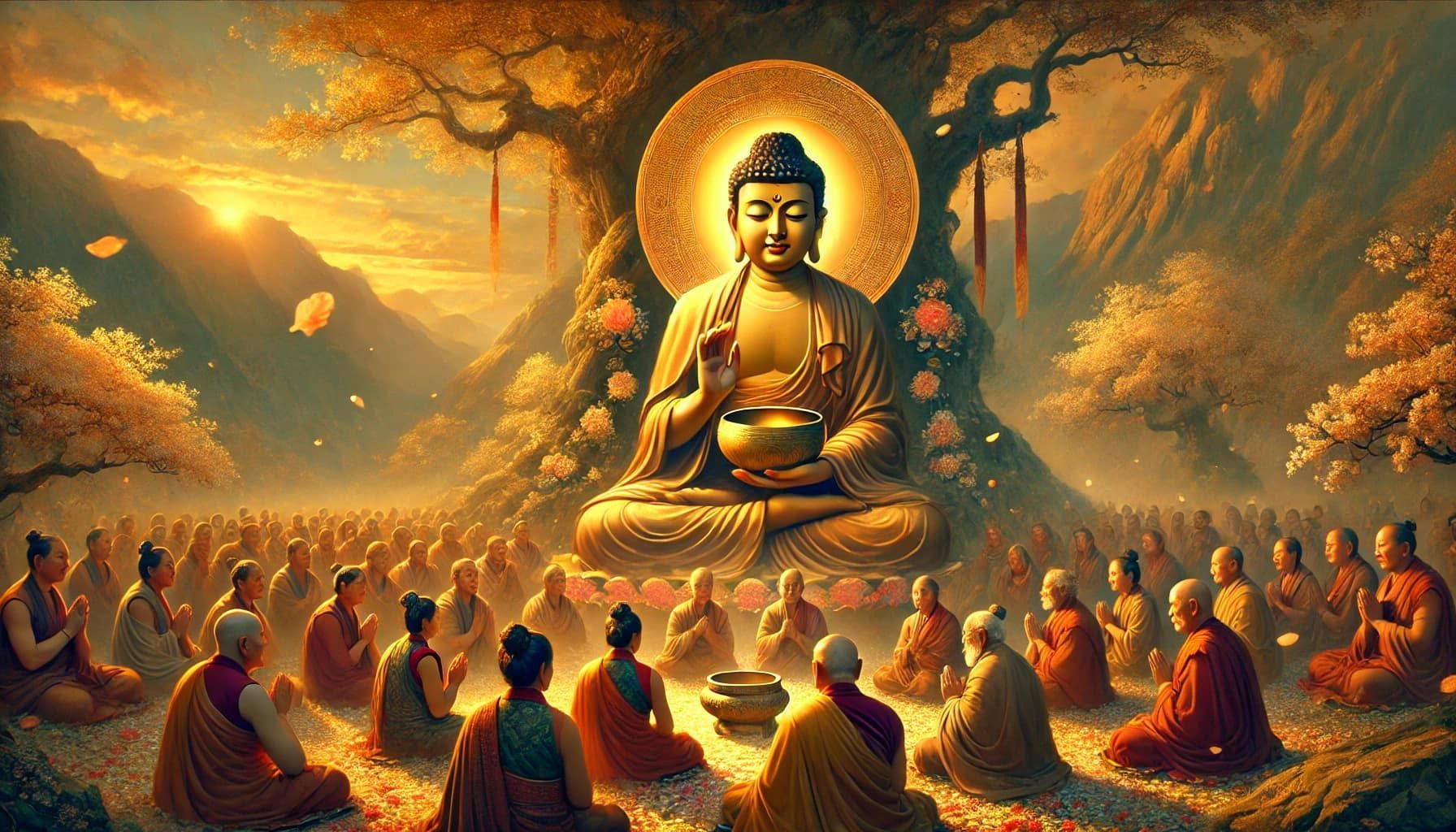 AI-generated image of Buddha holding a Tibetan singing bowl, radiating peace and vibrational harmony through sound.