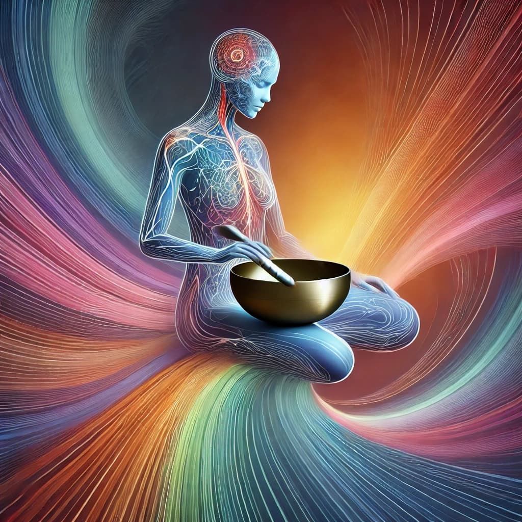 AI-generated image of Shiva and Shakti with a Tibetan 7 metal hand-made singing bowl made in Nepal, radiating divine union.