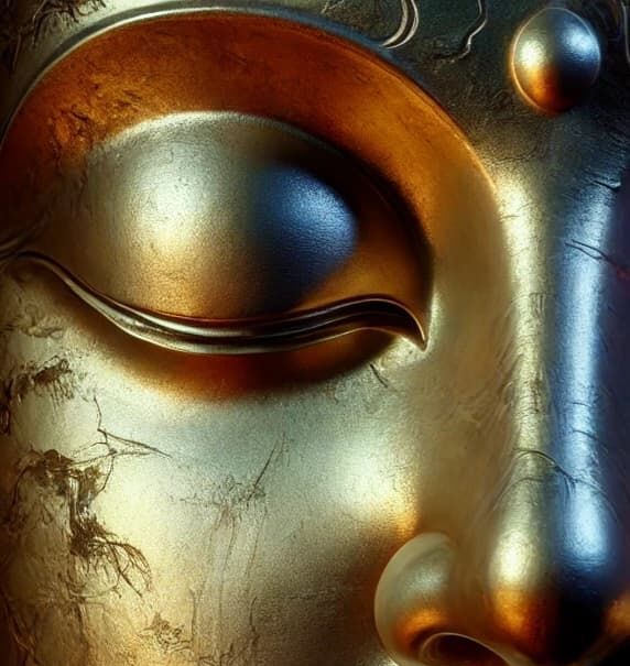 AI-generated image of Buddha in silent meditation, surrounded by radiant light and peaceful energy in a sacred atmosphere.