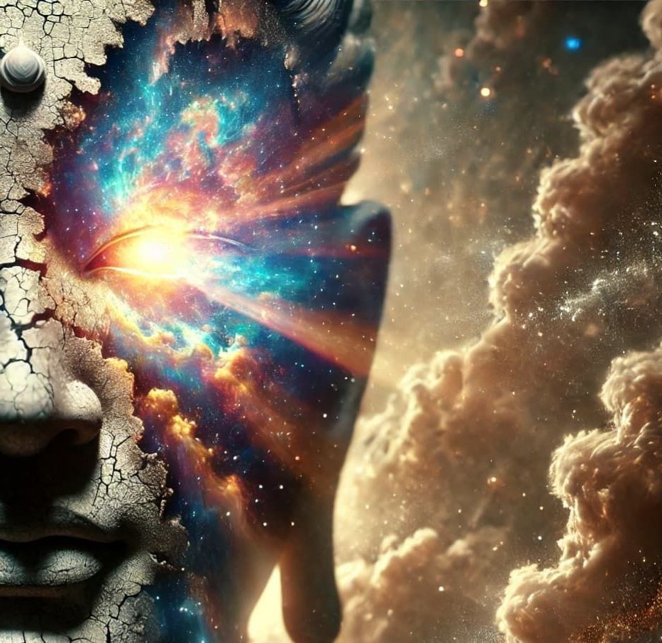 AI-generated image of Buddha in silent meditation, surrounded by radiant light and peaceful energy in a sacred atmosphere.