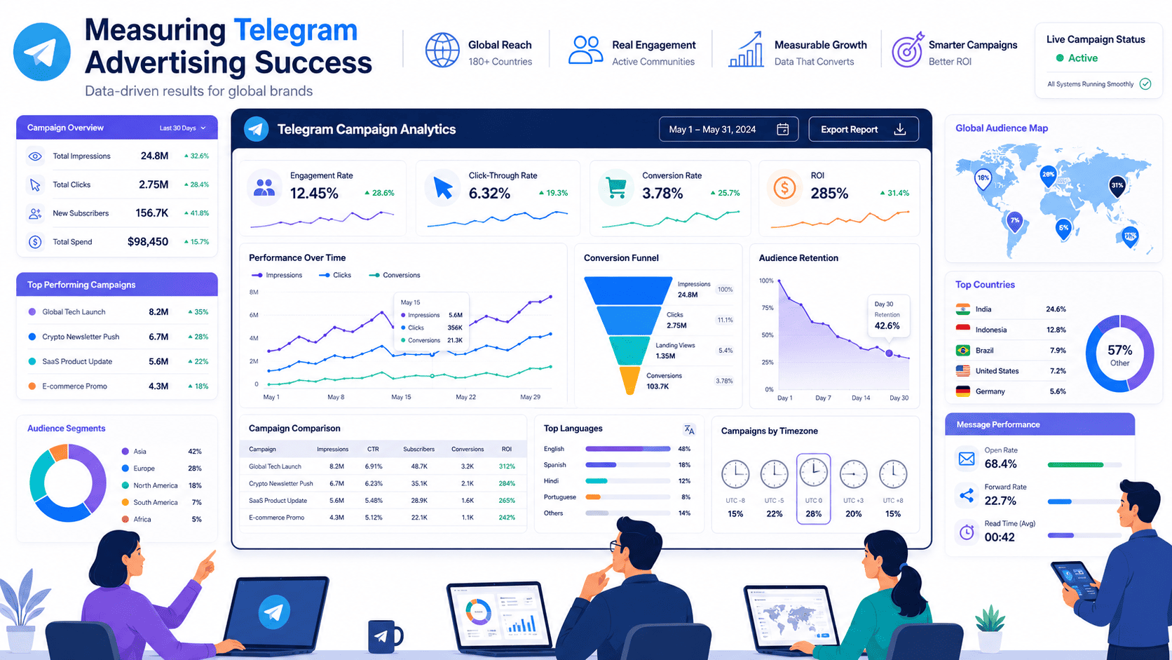 Telegram advertising solutions for global brands showing analytics dashboard with engagement, CTR, and conversion metrics