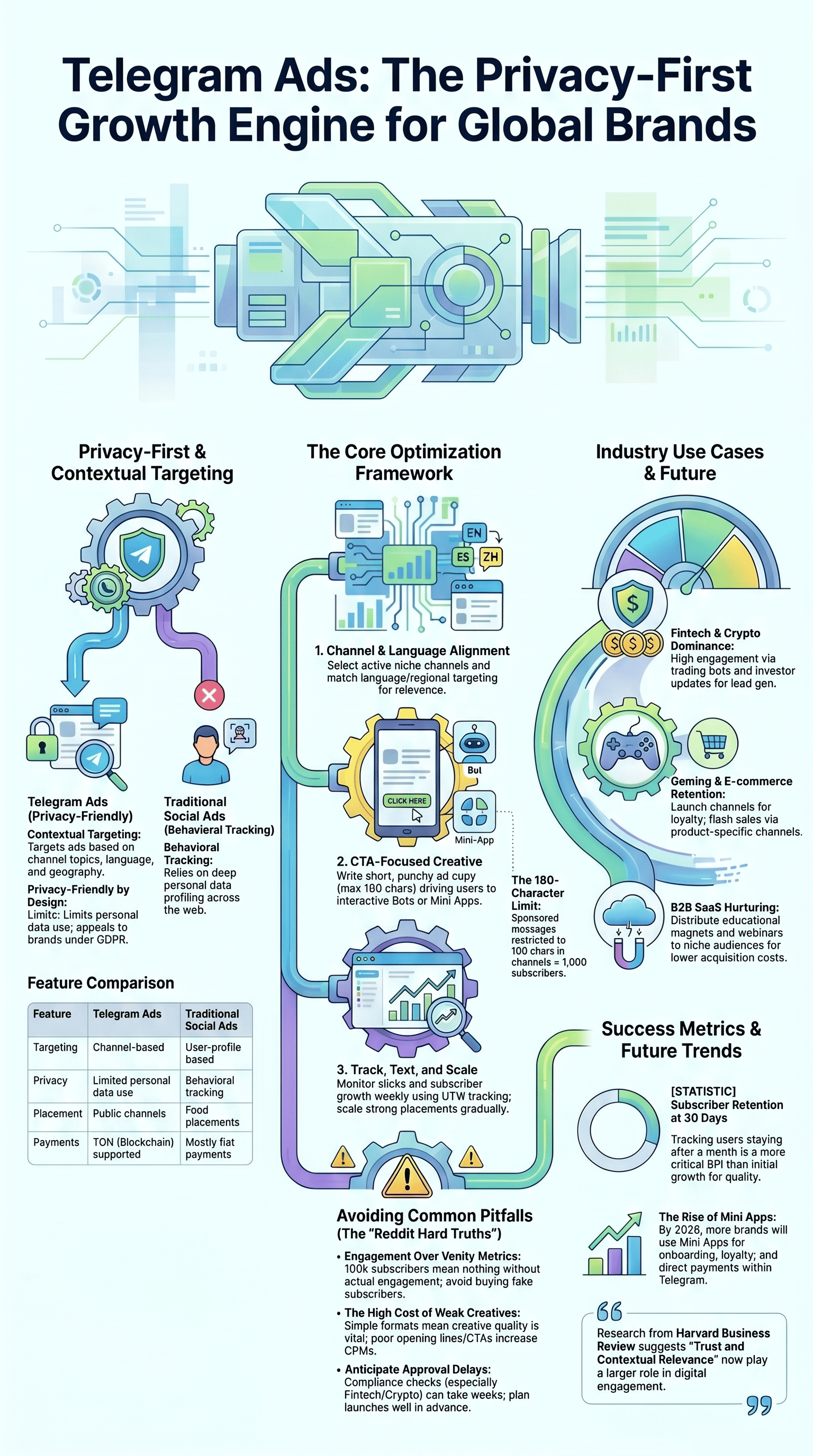 Infographic illustrating telegram advertising solutions for global brands, featuring privacy-first targeting and optimization frameworks.