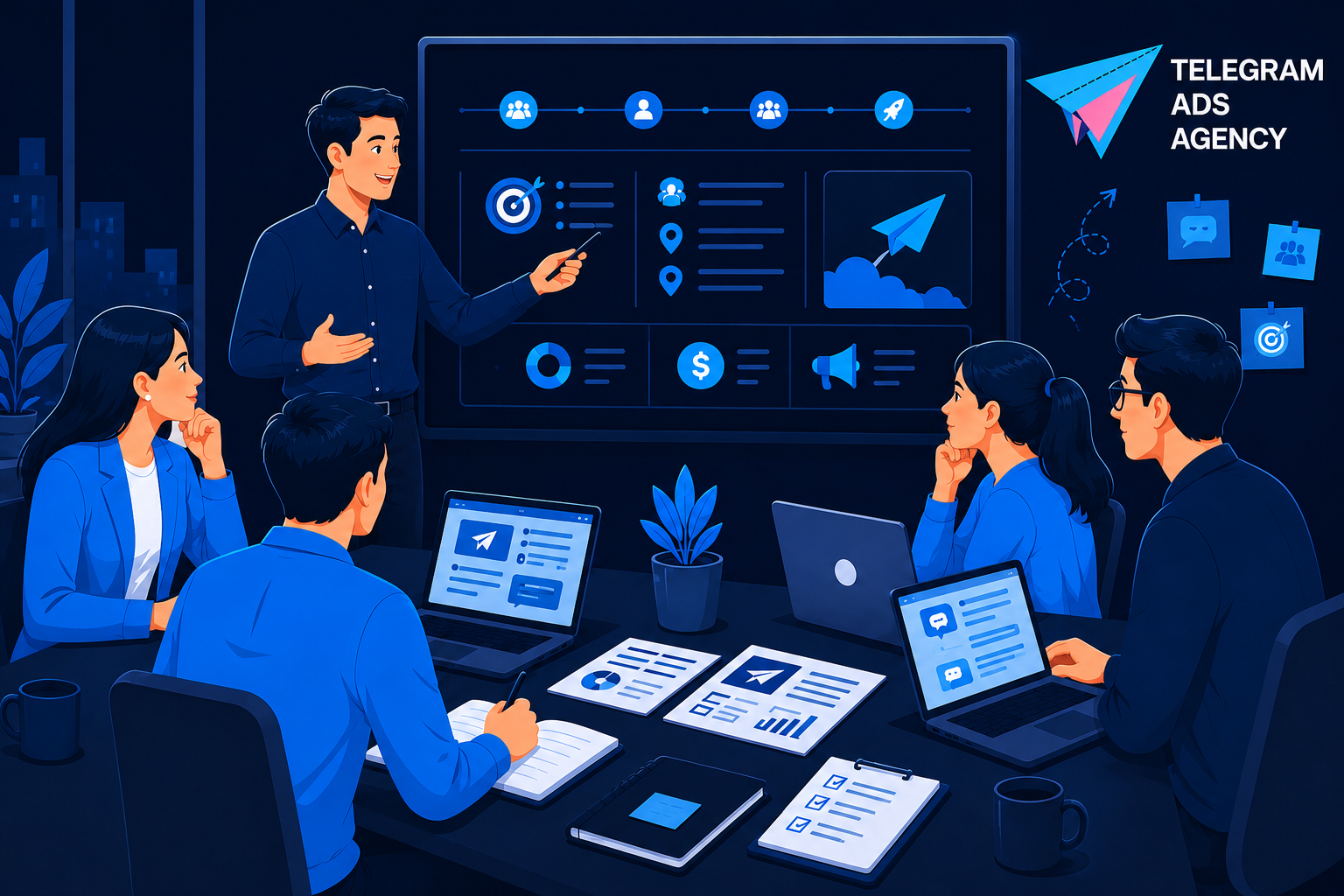 Kickoff process with Telegram ad agency before campaign launch.