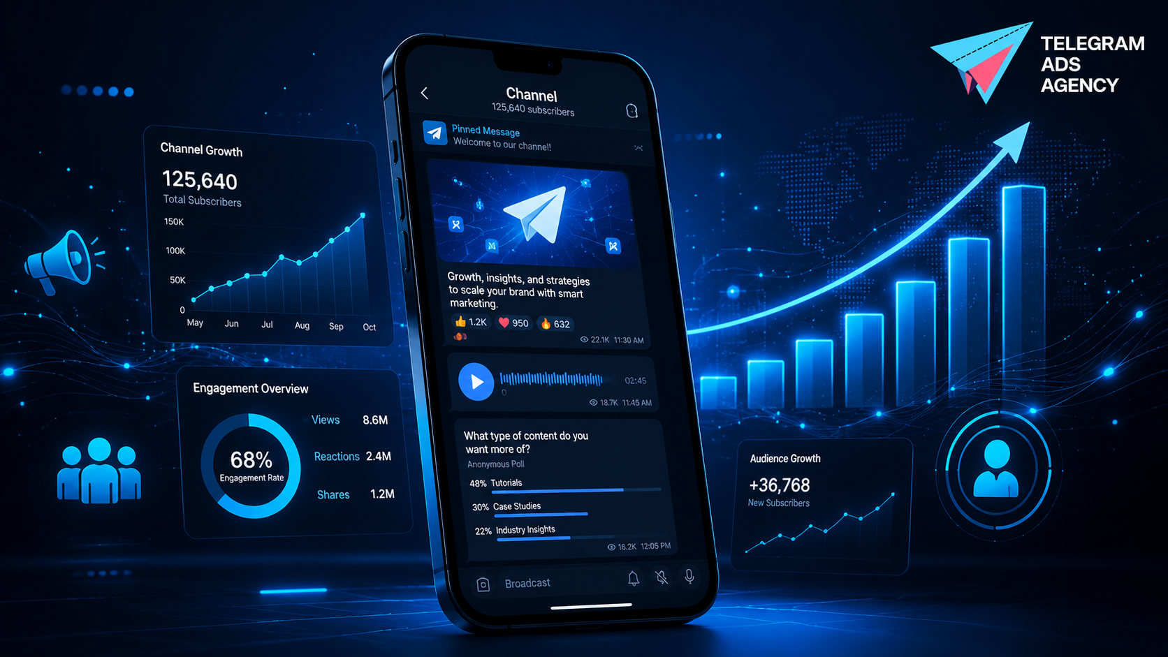 Telegram marketing concept with brand growth, analytics, smartphone, and neon blue visuals.