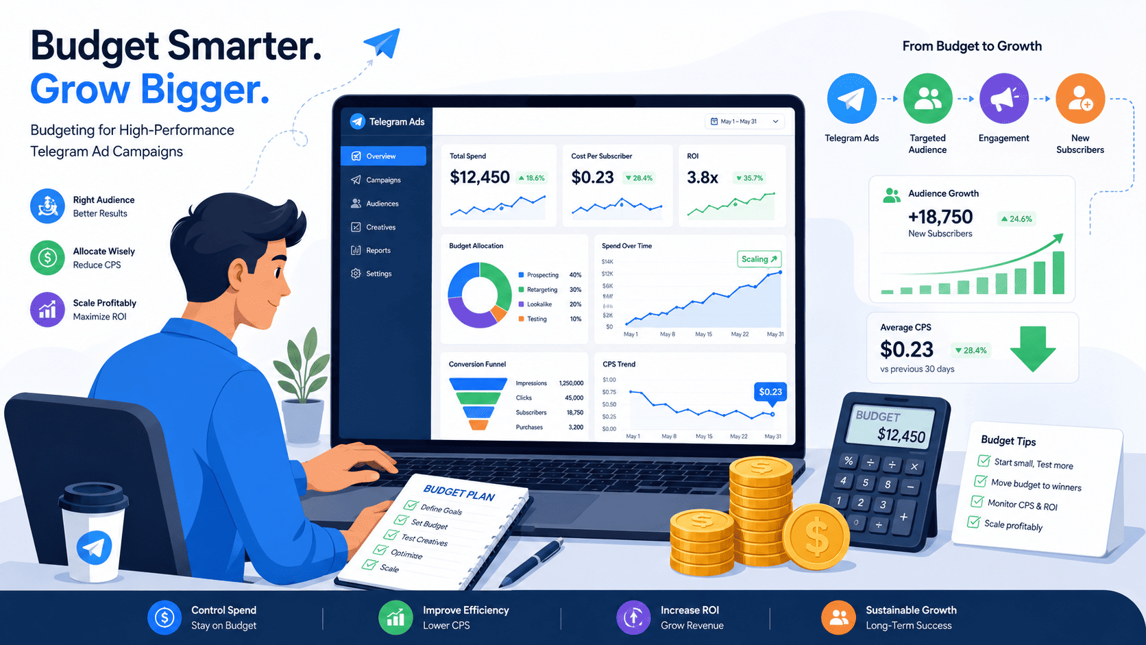 Marketer applying consumer brand telegram ads strategies with budget planning tools and ROI growth charts