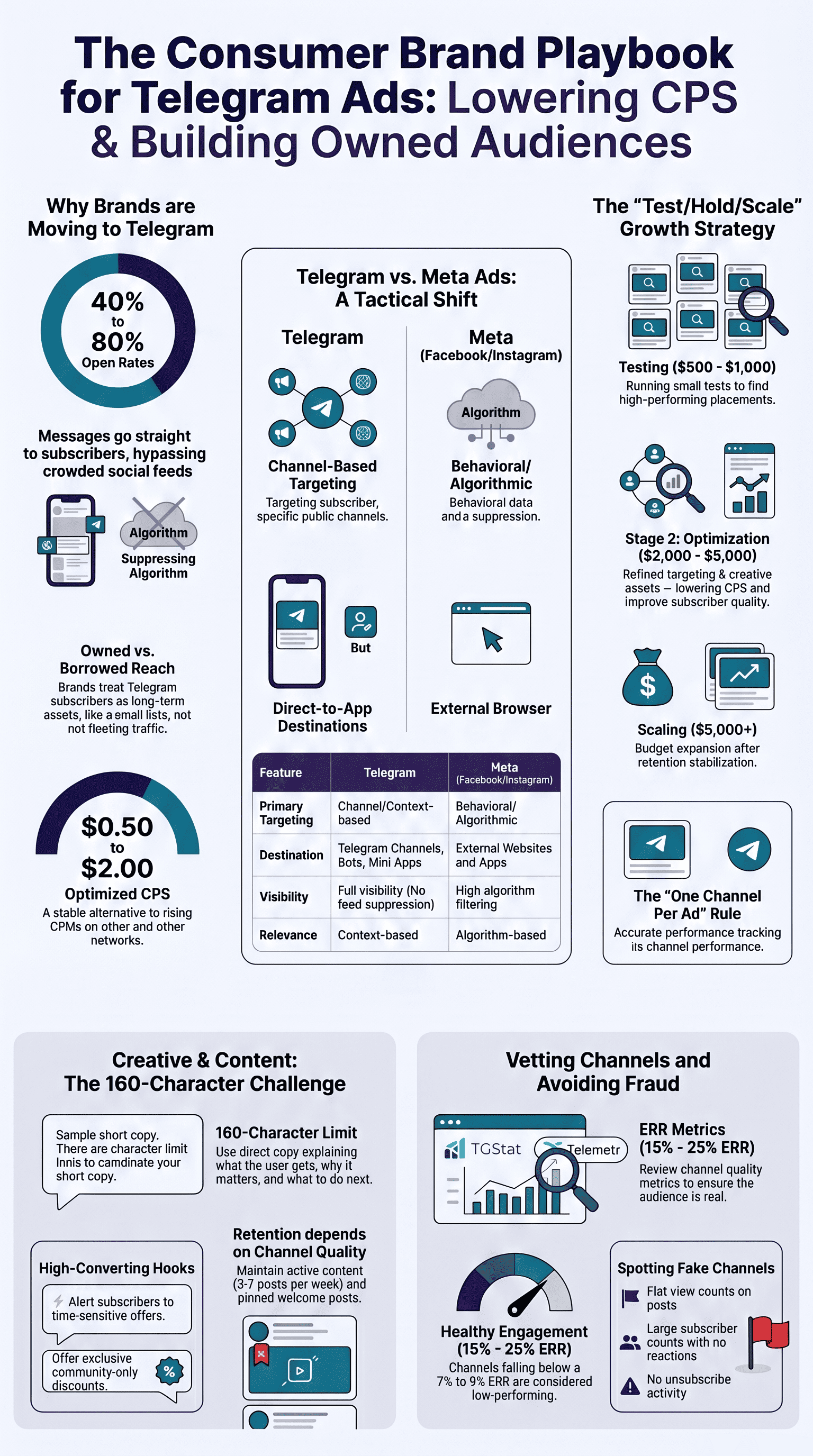 Infographic showing consumer brand telegram ads strategies for lowering CPS and building owned audiences