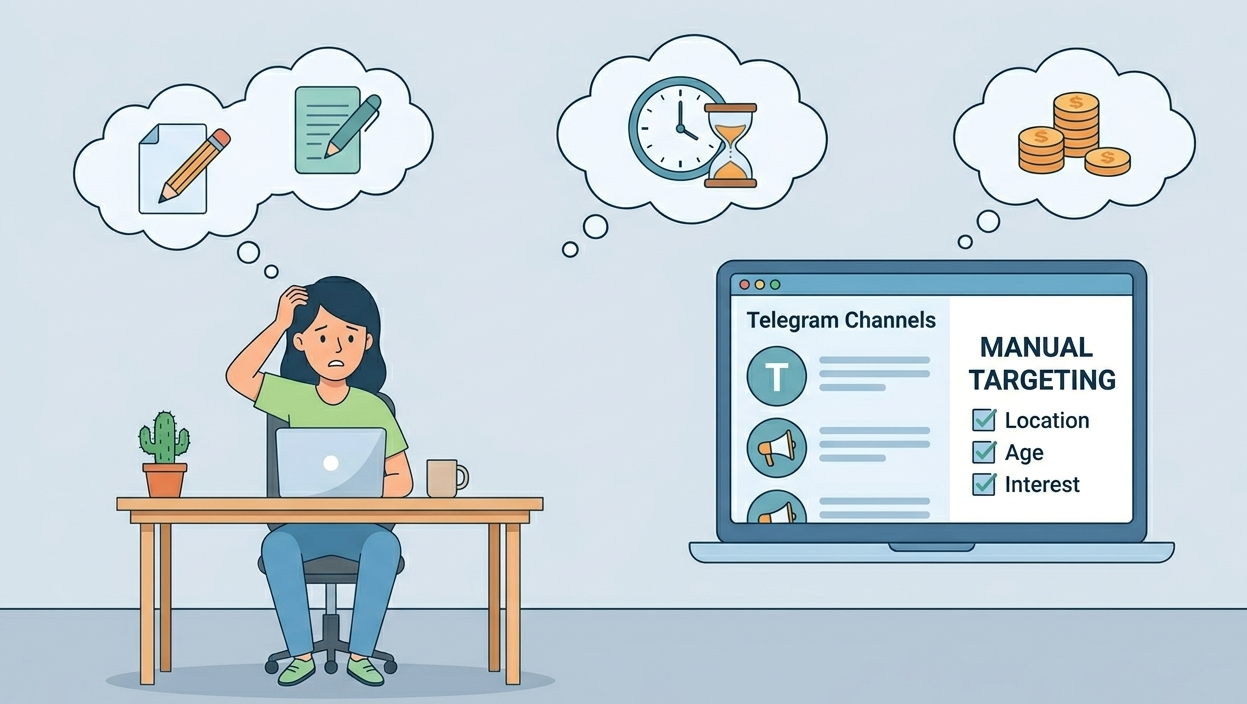 A person struggling with manual targeting and DIY vs professional Telegram advertising decisions.