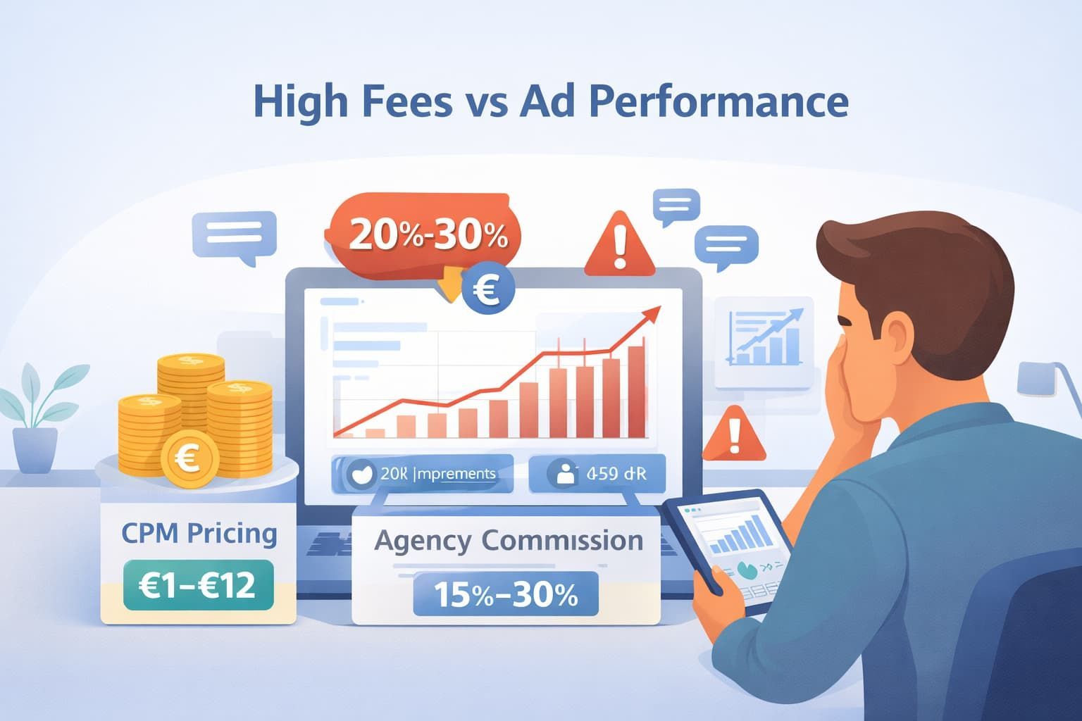 Fees for Telegram Ad Management concept showing rising CPM costs, agency commission, and low ad performance analytics