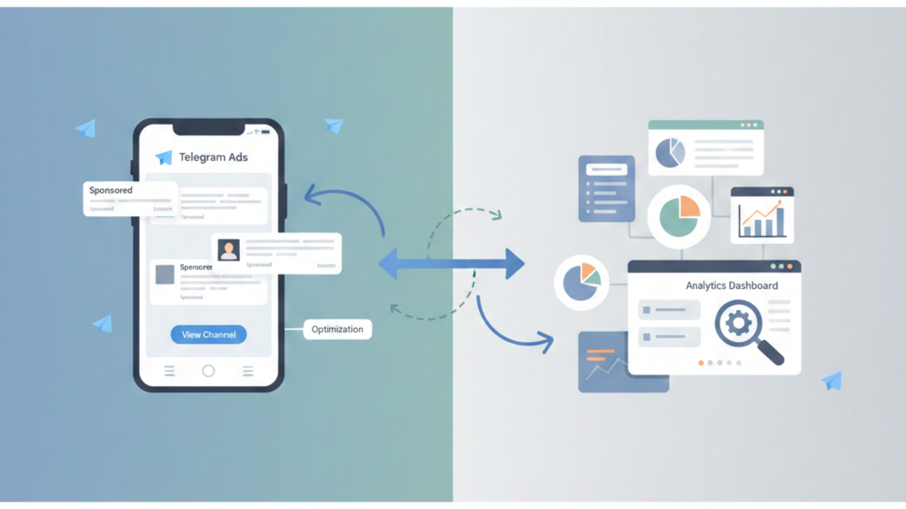 A Split-screen: left side shows official Telegram ad platform interface, right side shows third-party tools with analytics