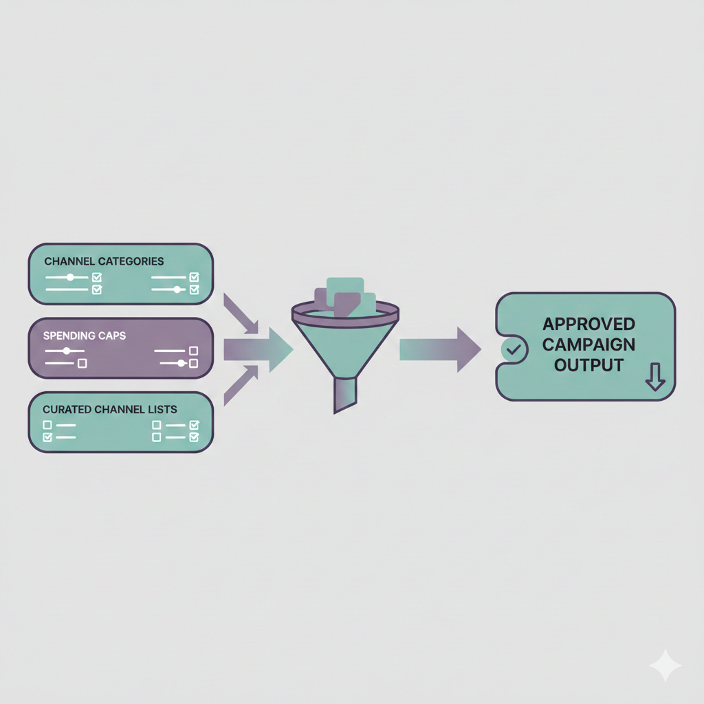 A visual filtering concept: stacked panels showing channel categories, spending caps, and curated channel lists
