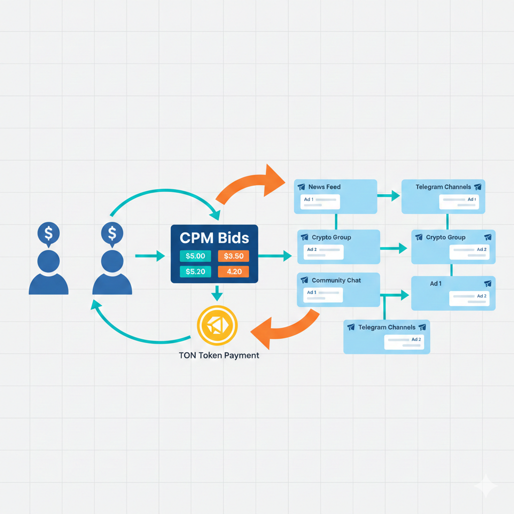 A simplified visual flow showing advertisers entering bids, the TON token symbol representing payment, and ads being placed into Telegram channels.