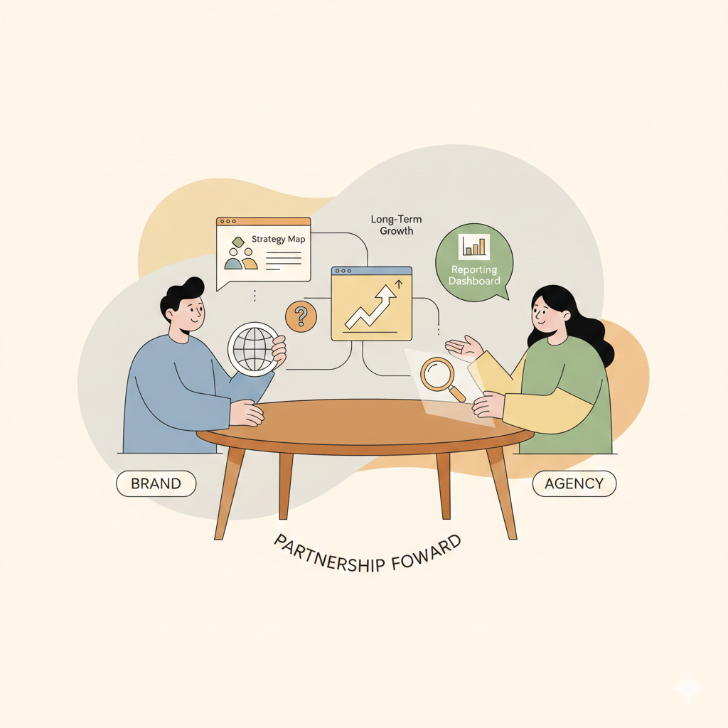 Two humans sit across a table: one subtly as a “brand,” the other as an “agency.” showing a thoughtful conversation.