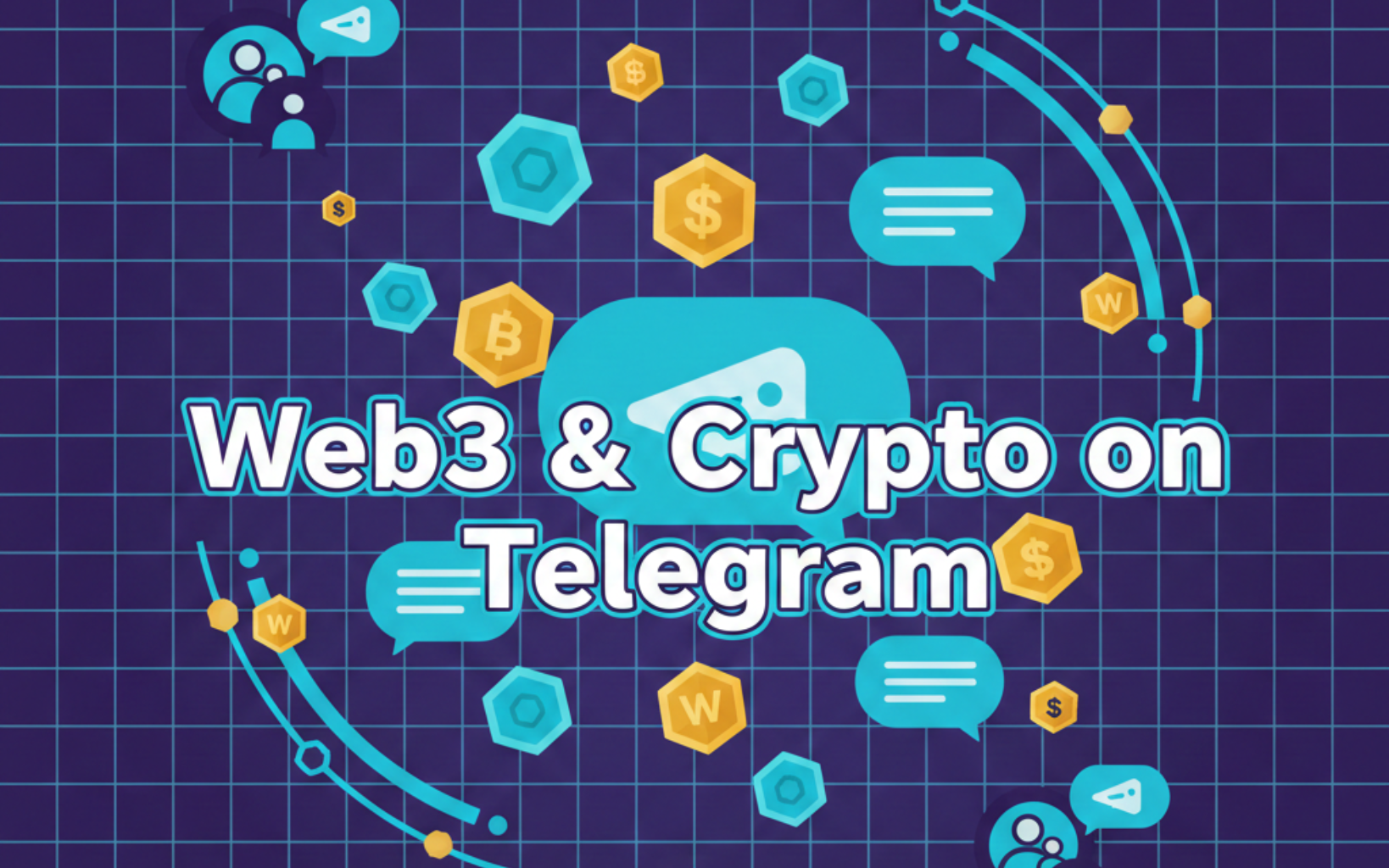 Central visual: abstract crypto coins and tokens floating around Telegram chat bubbles.