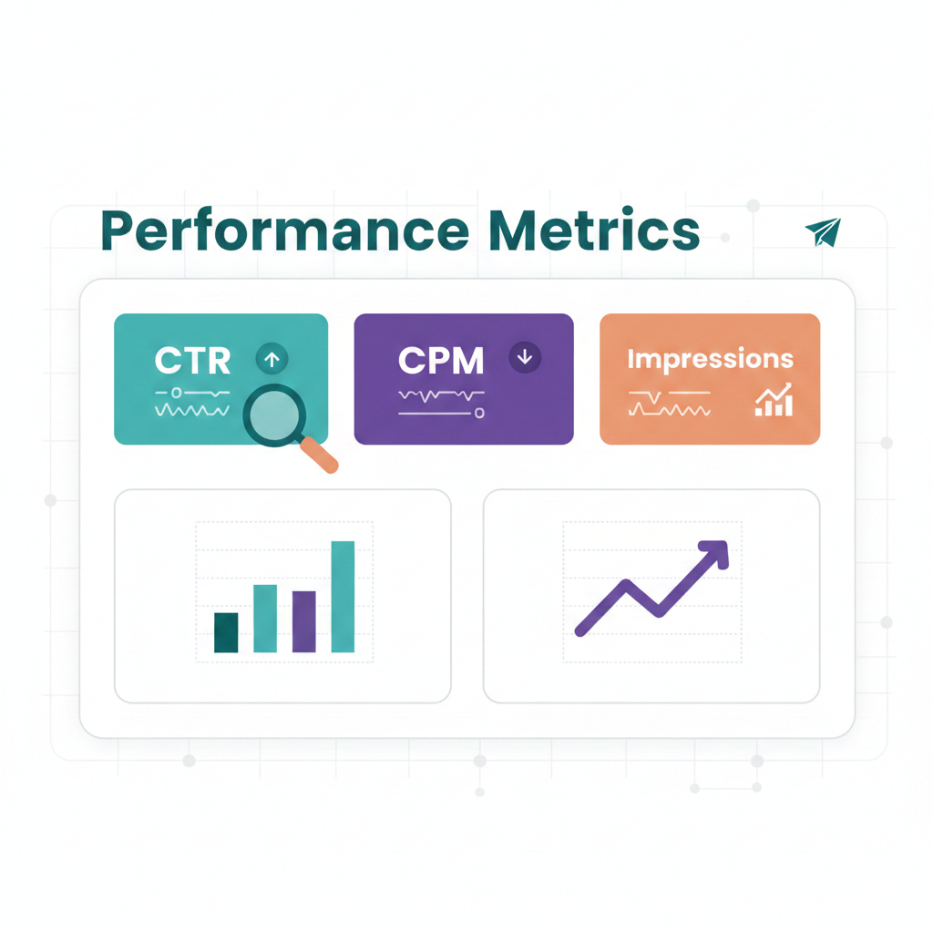 Dashboard-style cards showing simplified metrics: CTR, CPM, Impressions