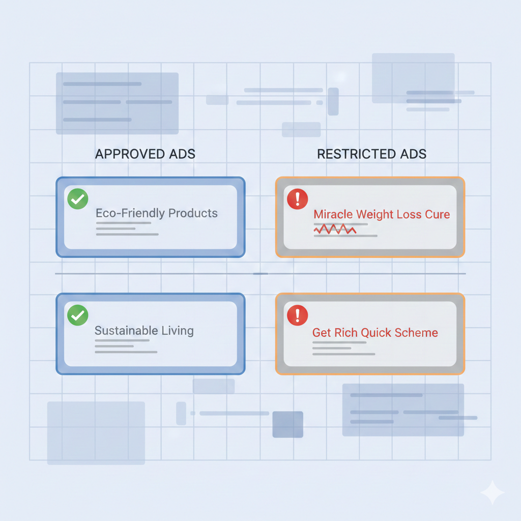 A content moderation dashboard concept showing approved and restricted ad examples in a simplified, abstract way.