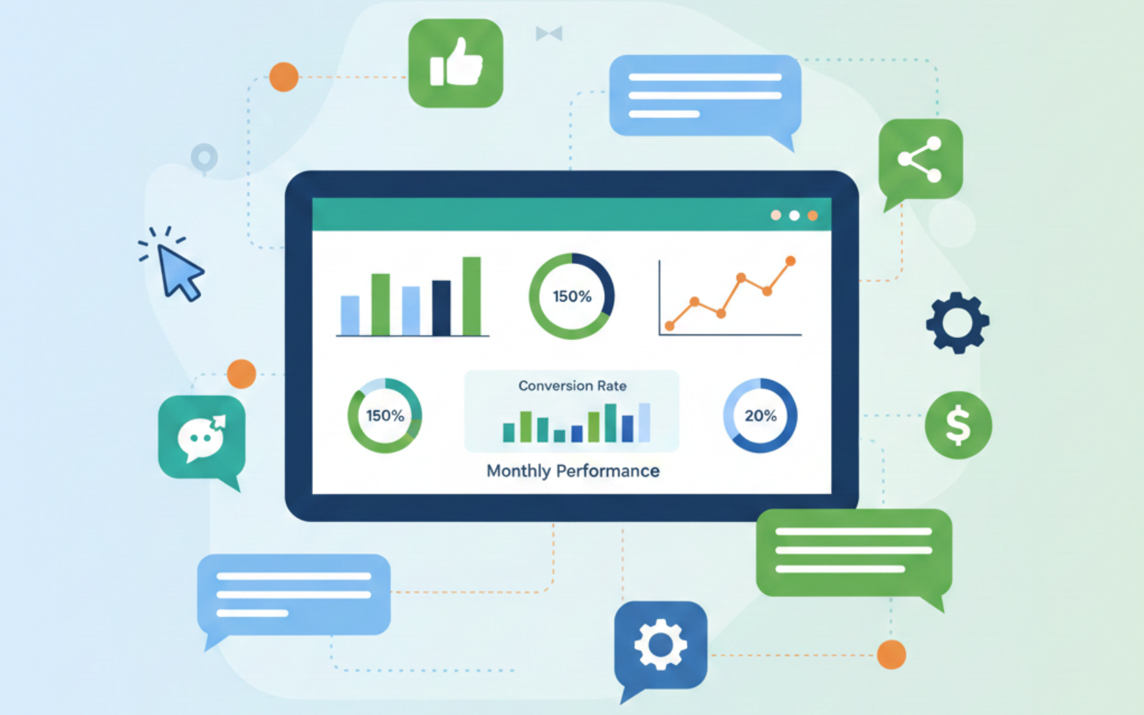 analytics dashboard on a computer or tablet showing charts, graphs, and ROI metrics.