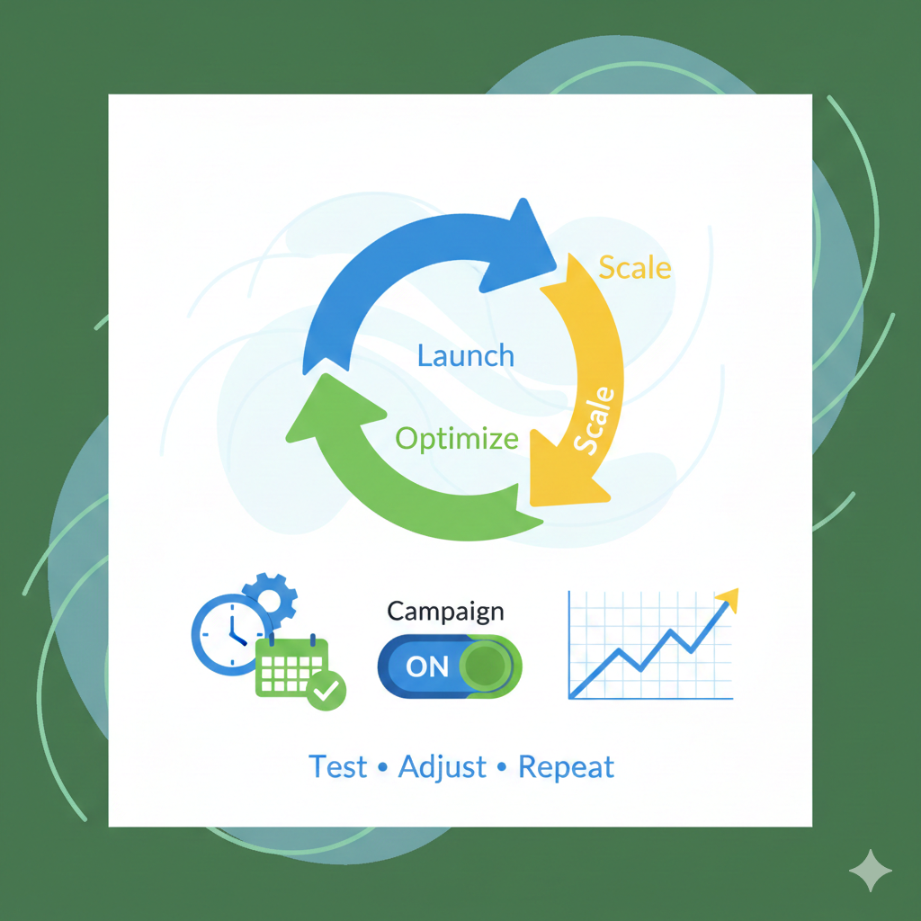 Circular arrows forming a loop labeled: Launch → Optimize → Scale