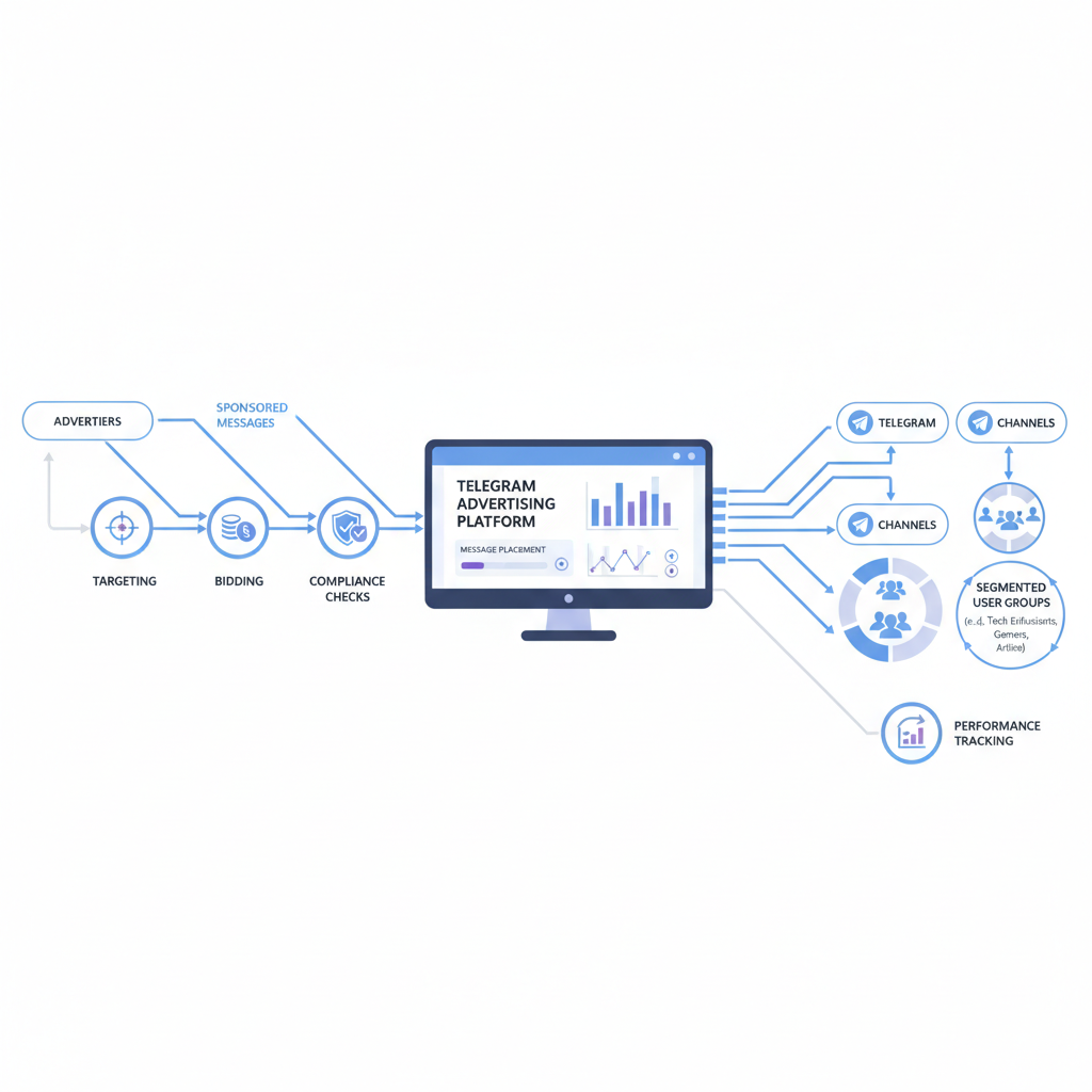 a simplified flow diagram: sponsored messages flowing from advertisers to Telegram channels and reaching segmented user groups.