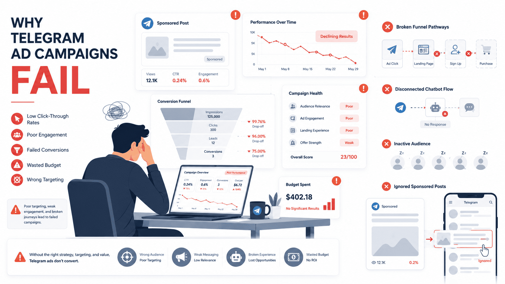 How brands implement Telegram ads gone wrong, showing failed funnels, poor CTR, wasted budget, and disconnected chatbot flows 