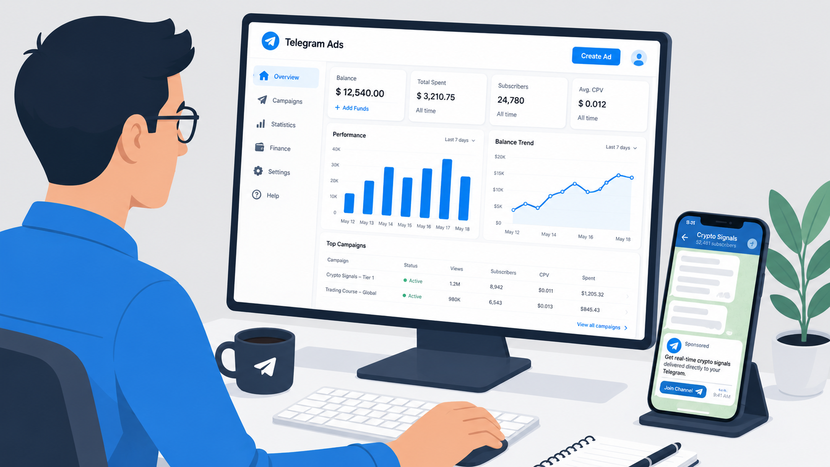 Illustration of a marketer analyzing data on a desktop dashboard for Managing Telegram Ads Campaign