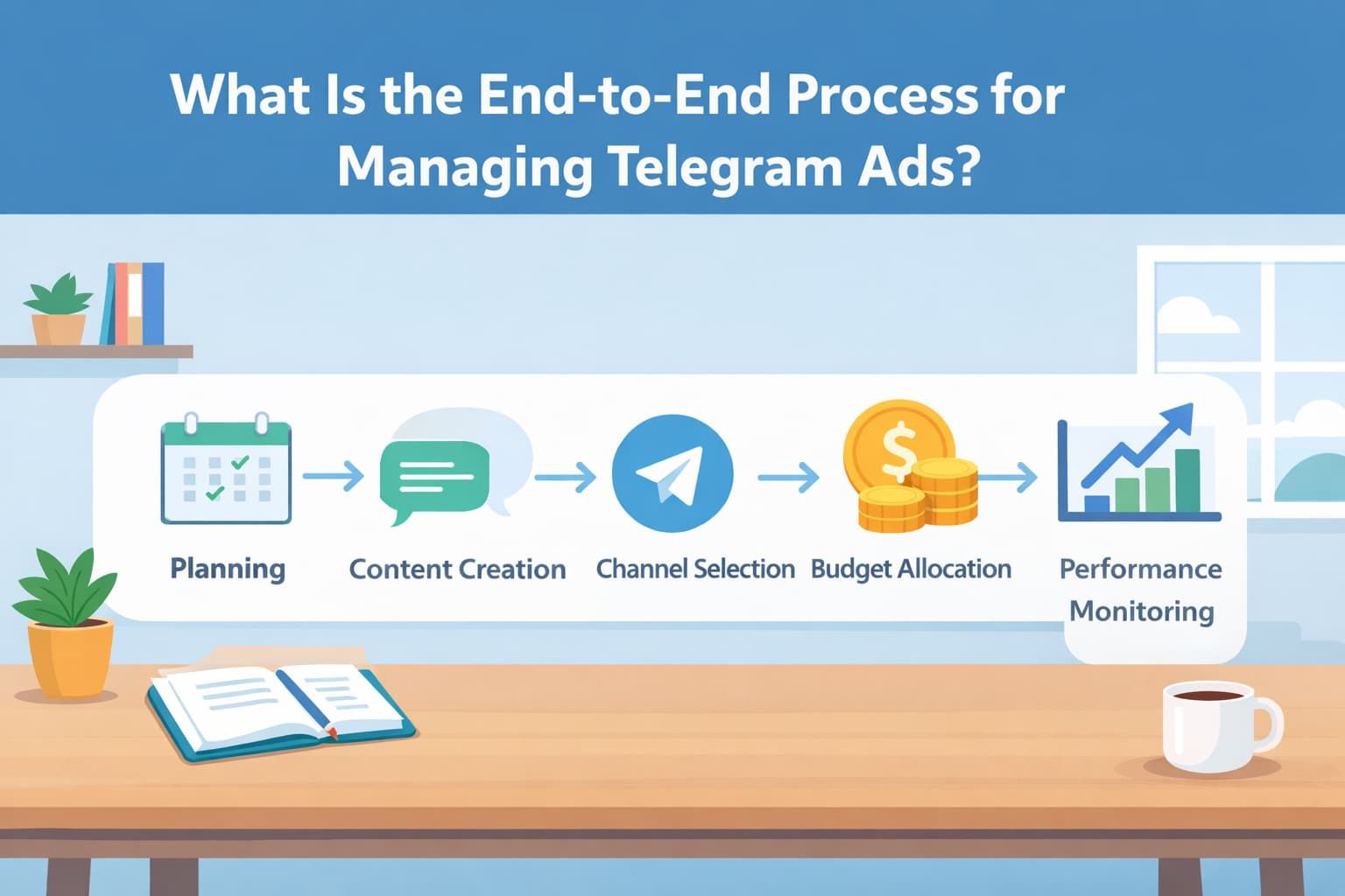 Flat vector flowchart depicting each step in the Process for Managing Telegram Ads with planning, content, budget, analytics.
