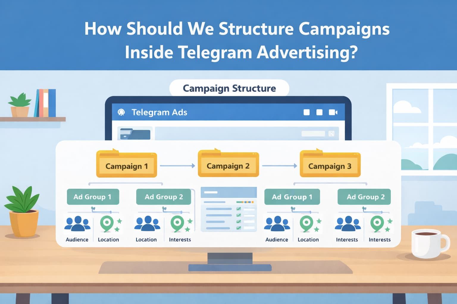 2D illustration of campaign hierarchy on a screen, visualizing ad groups and targeting in the Process for Managing Telegram Ads.