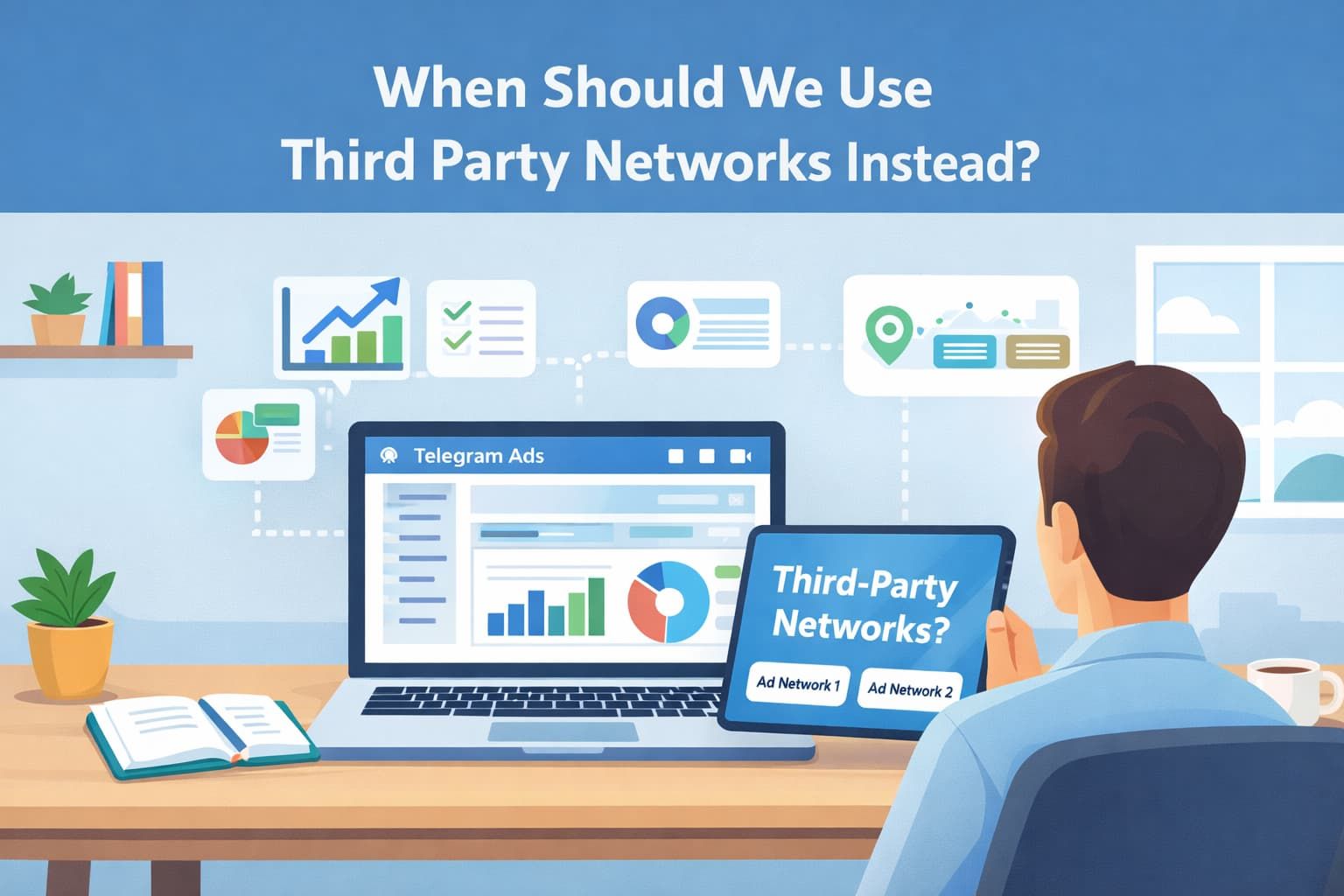Vector image of person at desk reviewing laptop and tablet dashboards for the Process for Managing Telegram Ads decisions.