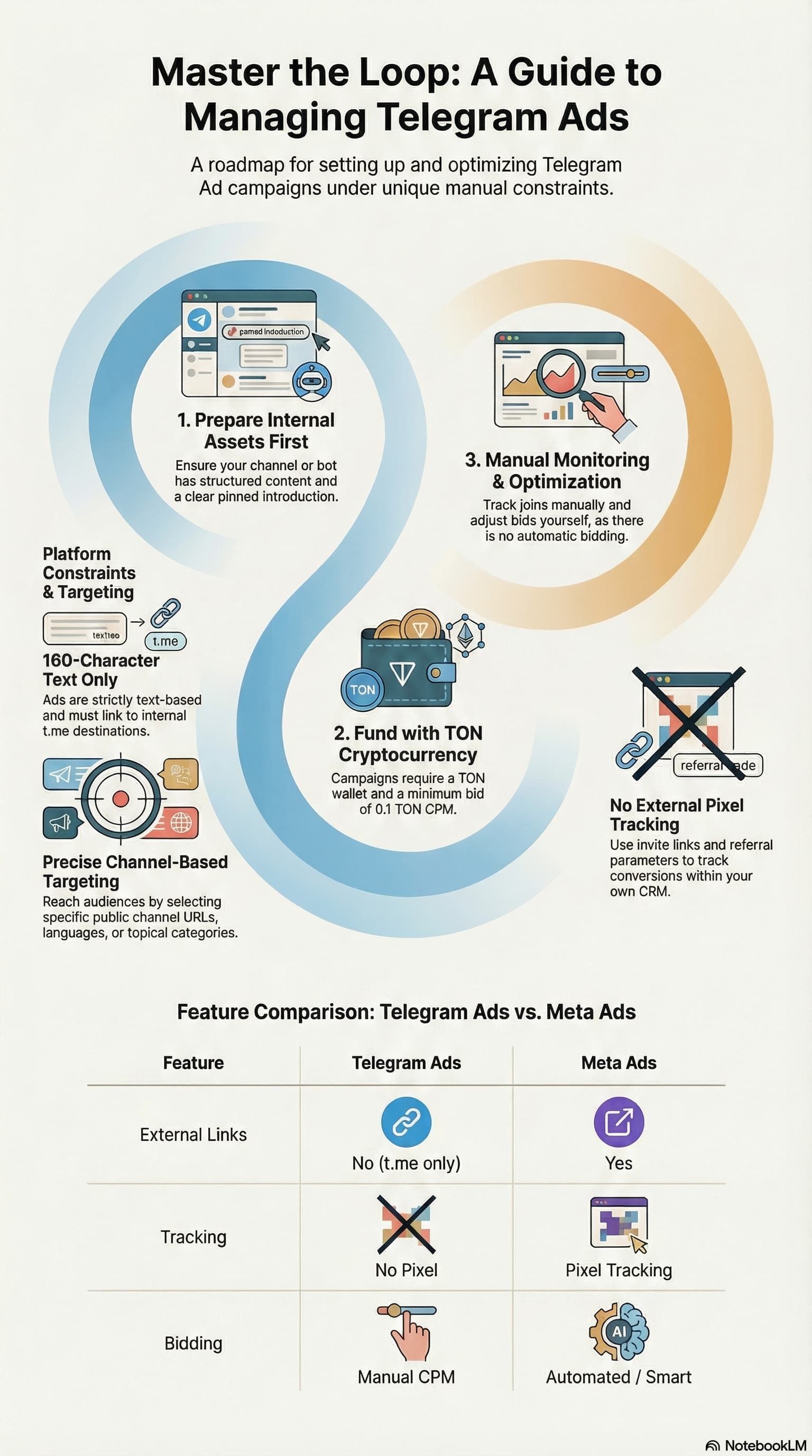 Infographic showing the 3-step Process for Managing Telegram Ads: prepare assets, fund with TON, and manual monitoring.