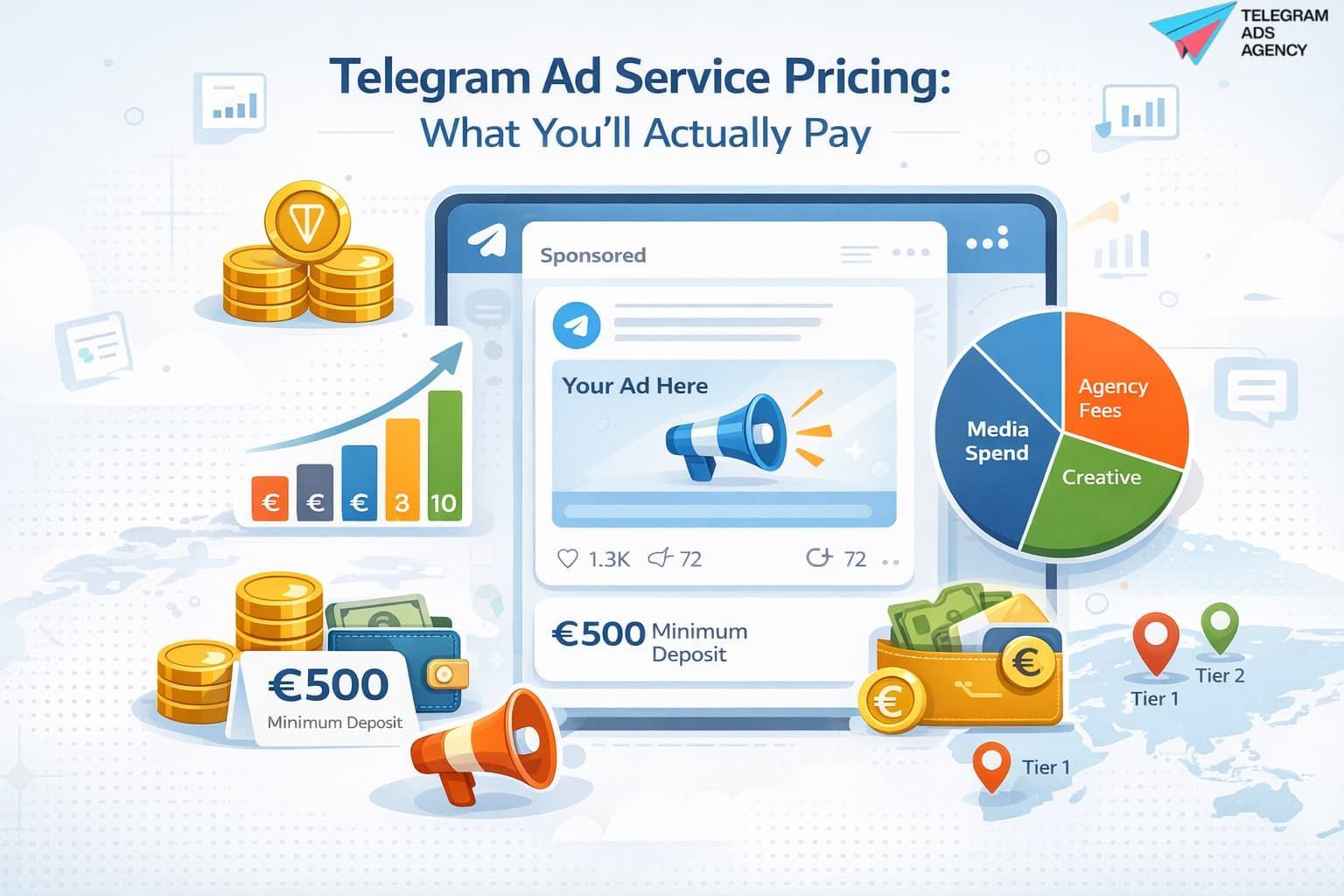 Telegram Ad Service Pricing overview showing CPM ranges, minimum deposit, agency fees, and regional