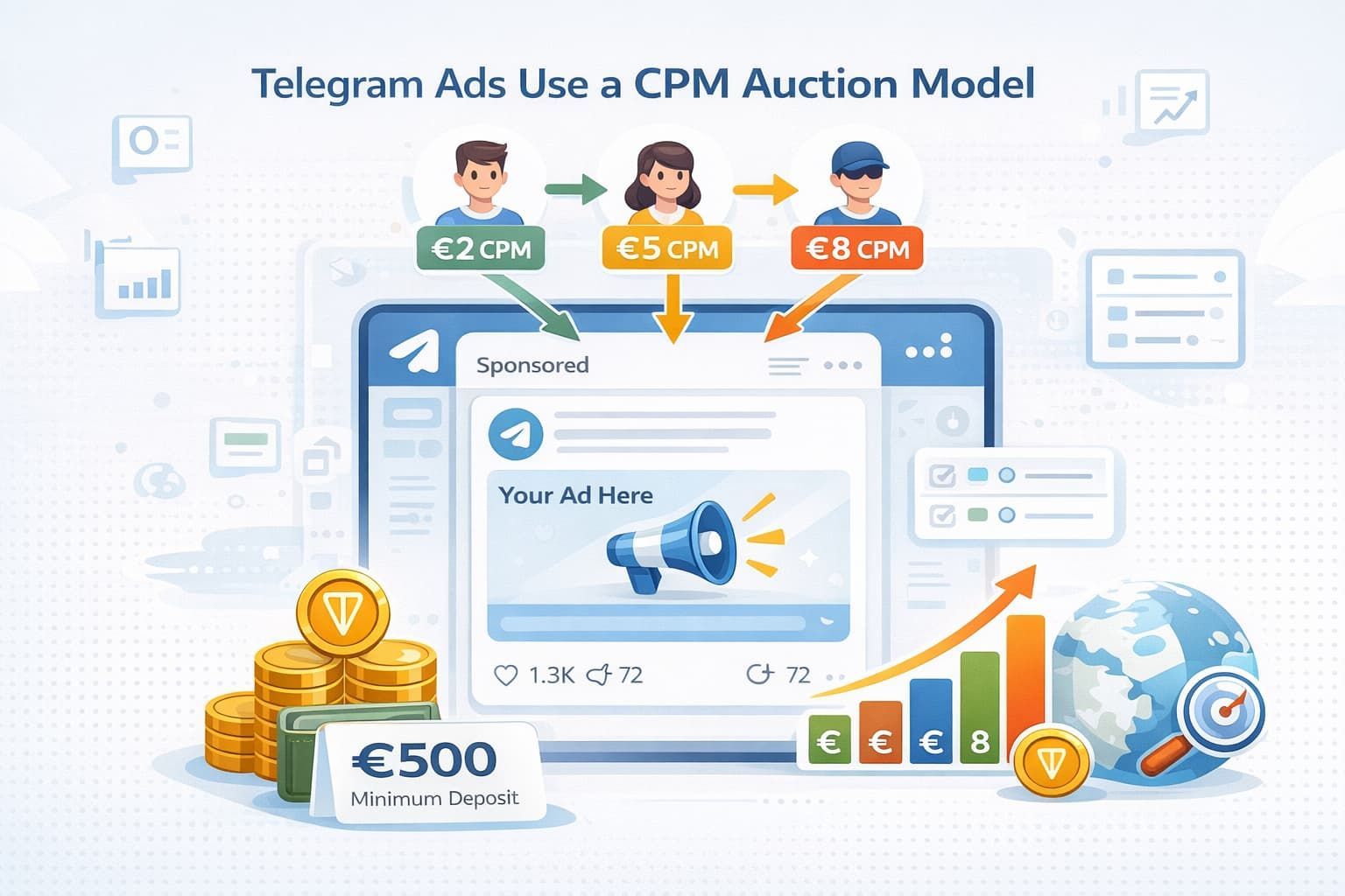 Telegram Ad Service Pricing visual explaining CPM bidding system with advertisers, targeting icons, and campaign analytics